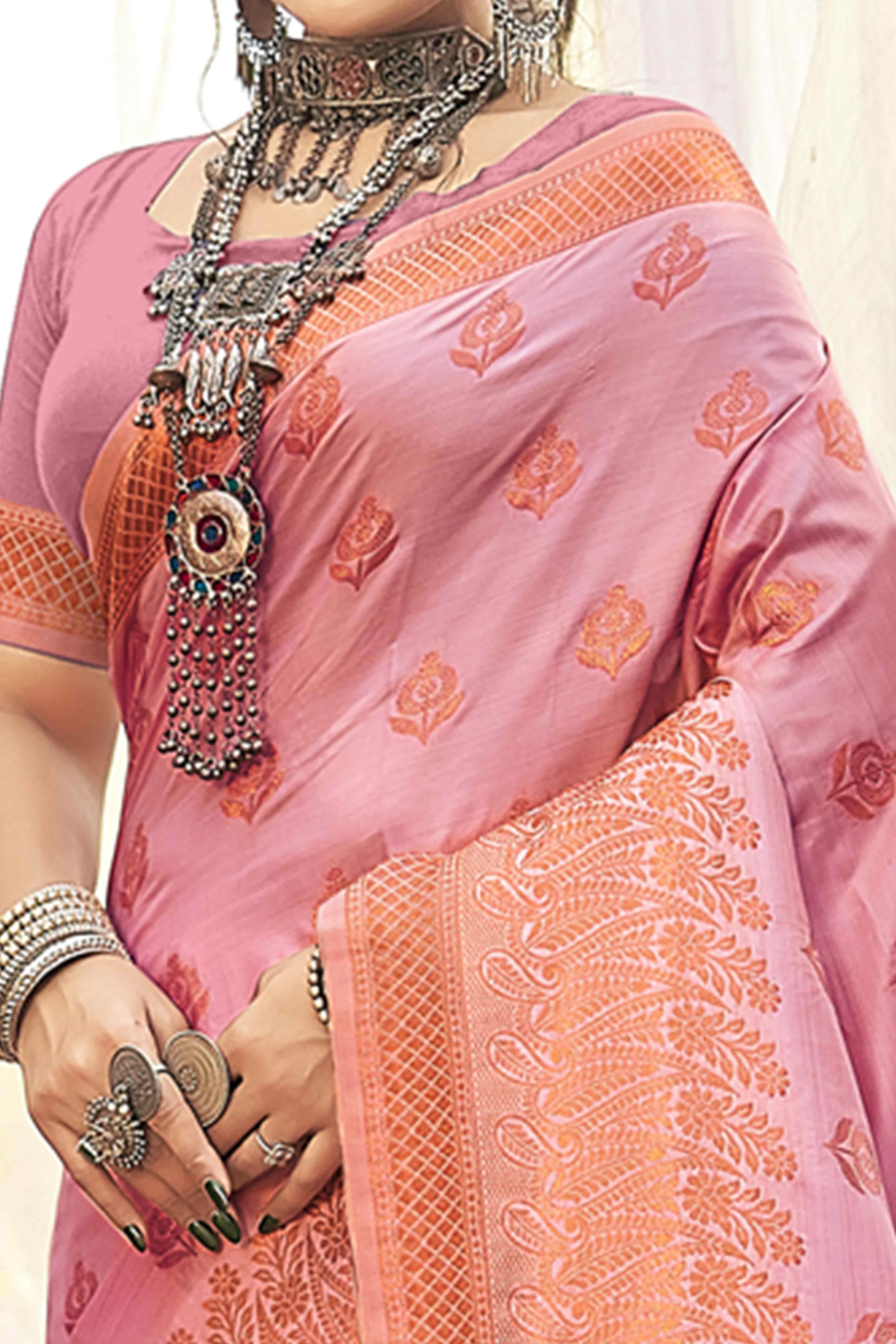 Sophisticated Pink Banarasi Silk Saree With Floral Zari Weaving Work
