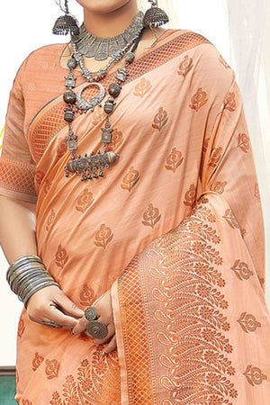Exquisite Peach Banarasi Silk Saree With Floral Zari Weaving Work