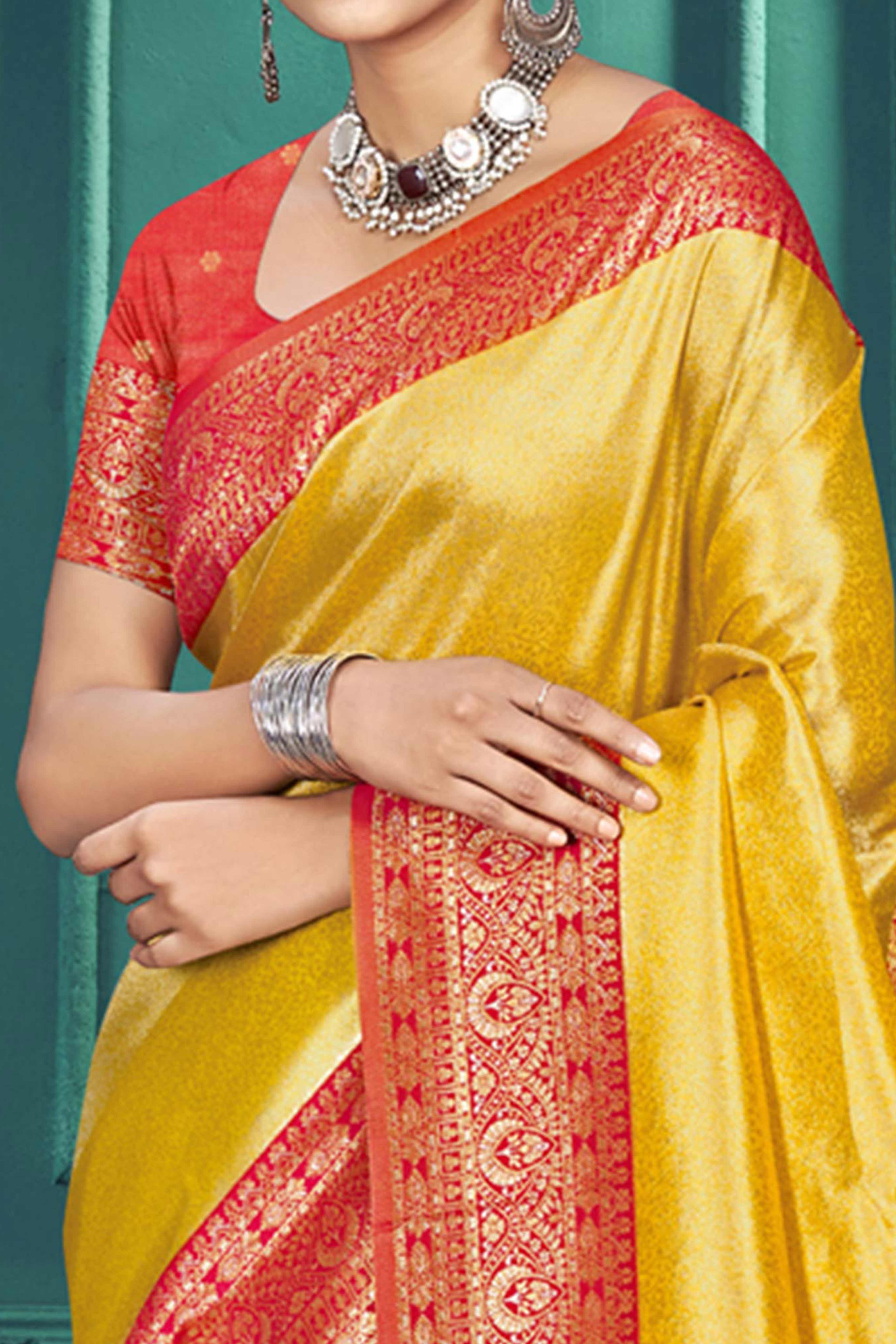 Exclusive Yellow Floral Motif Woven Kanjivaram Silk Saree With Graceful Tassel Pallu