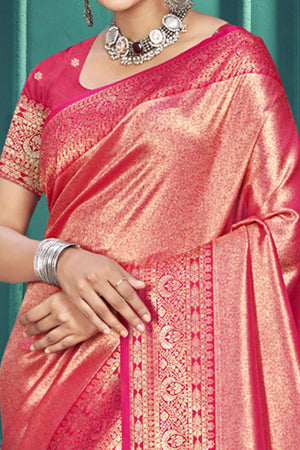 Exclusive Rani Pink Floral Motif Woven Kanjivaram Silk Saree With Graceful Tassel Pallu