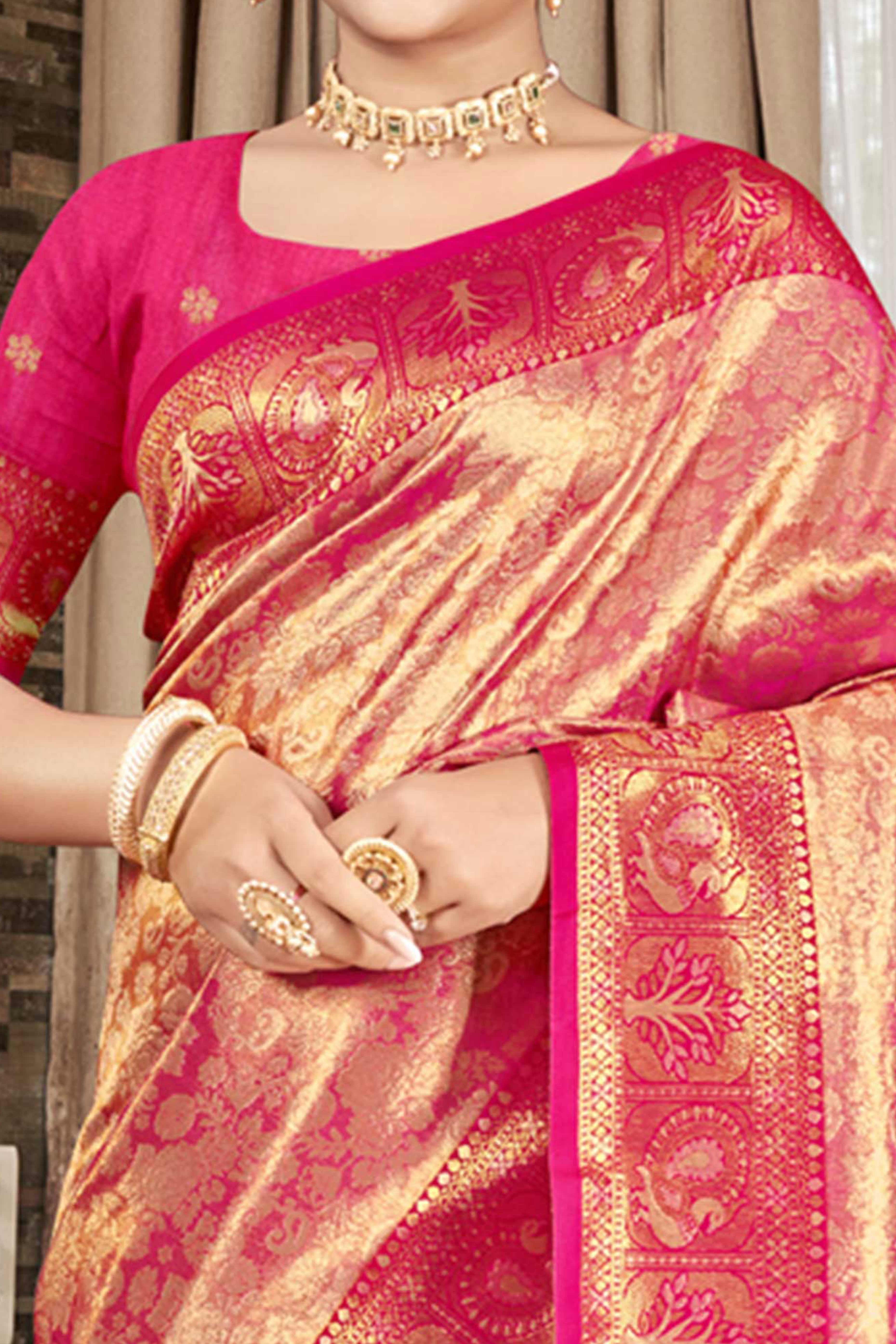 Premium Rani Pink Floral and Peacock Motif Woven Kanjivaram Silk Saree With Tassel Pallu