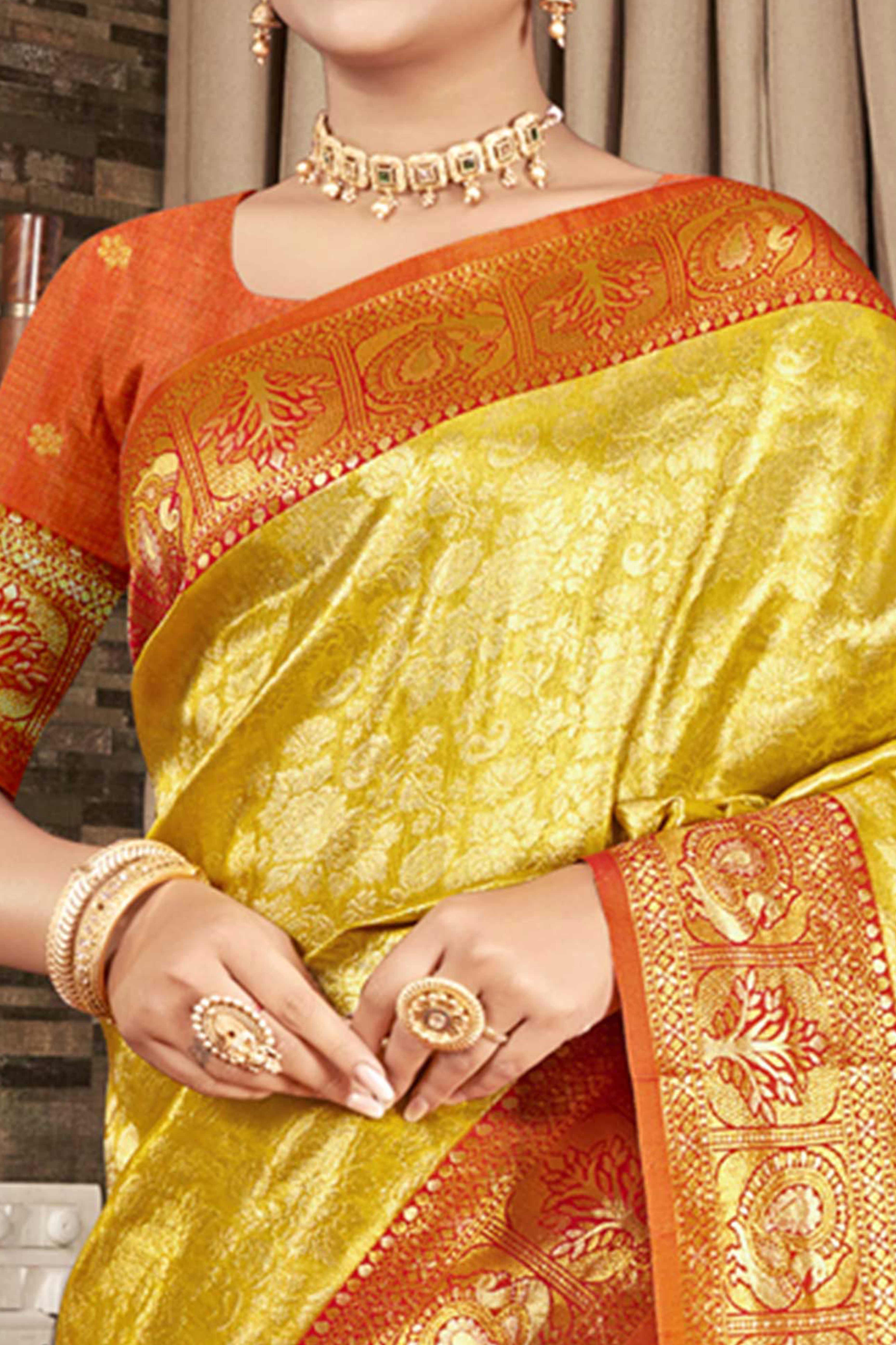 Premium Yellow Floral and Peacock Motif Woven Kanjivaram Silk Saree With Tassel Pallu