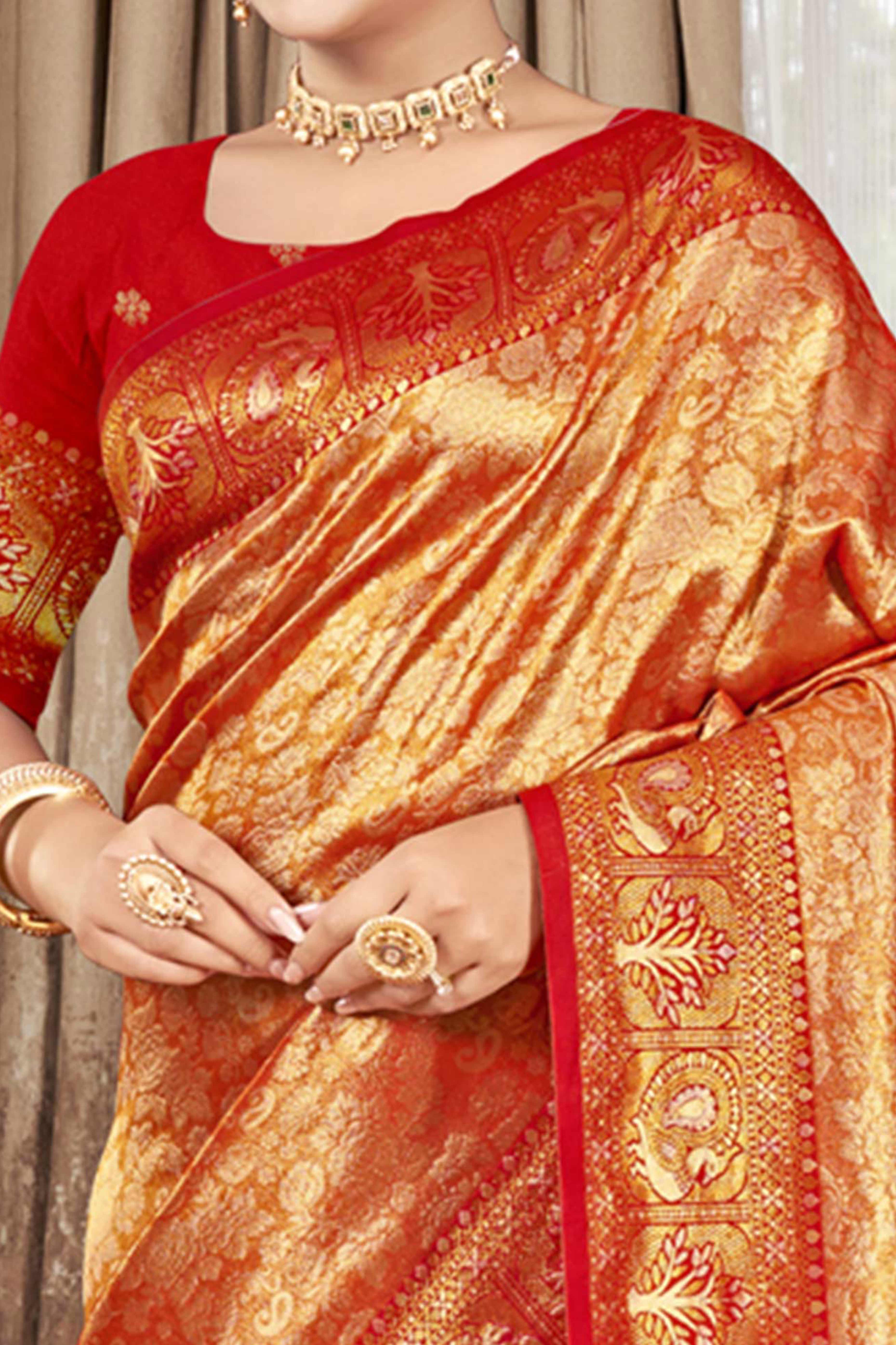 Premium Red Floral and Peacock Motif Woven Kanjivaram Silk Saree With Tassel Pallu