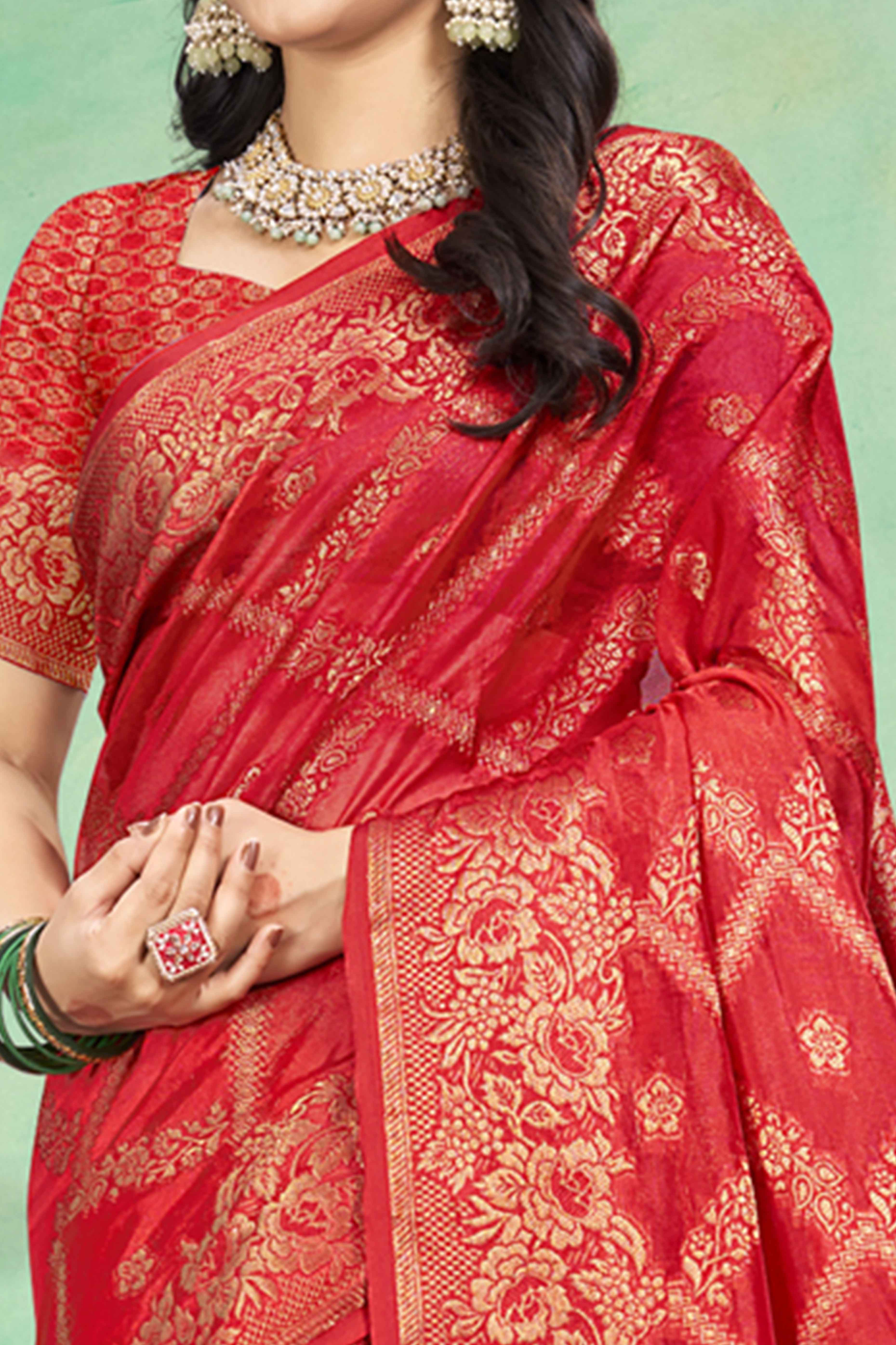 Red Floral Woven Cotton Silk Saree