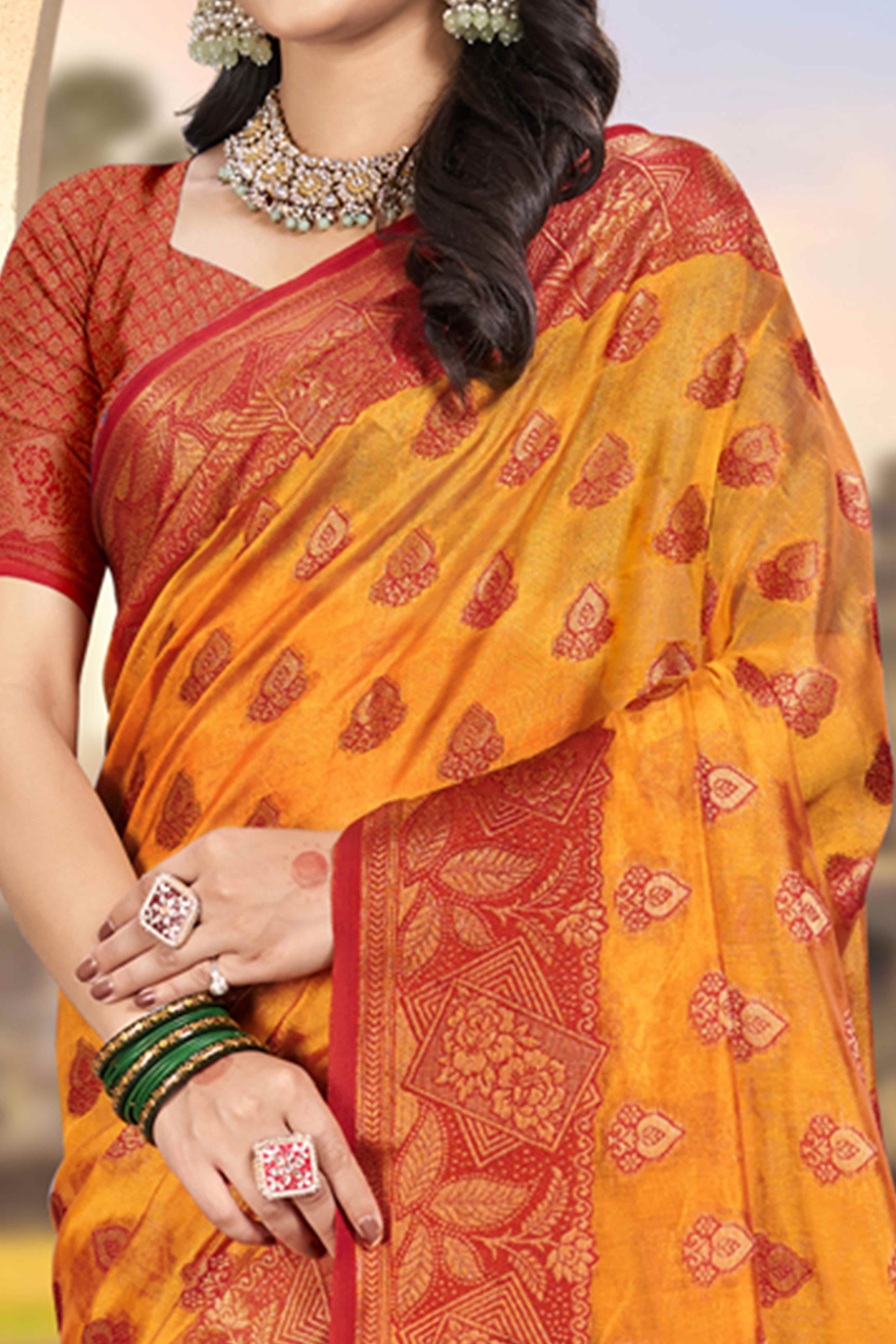 Mustard Floral Woven Cotton Silk Saree