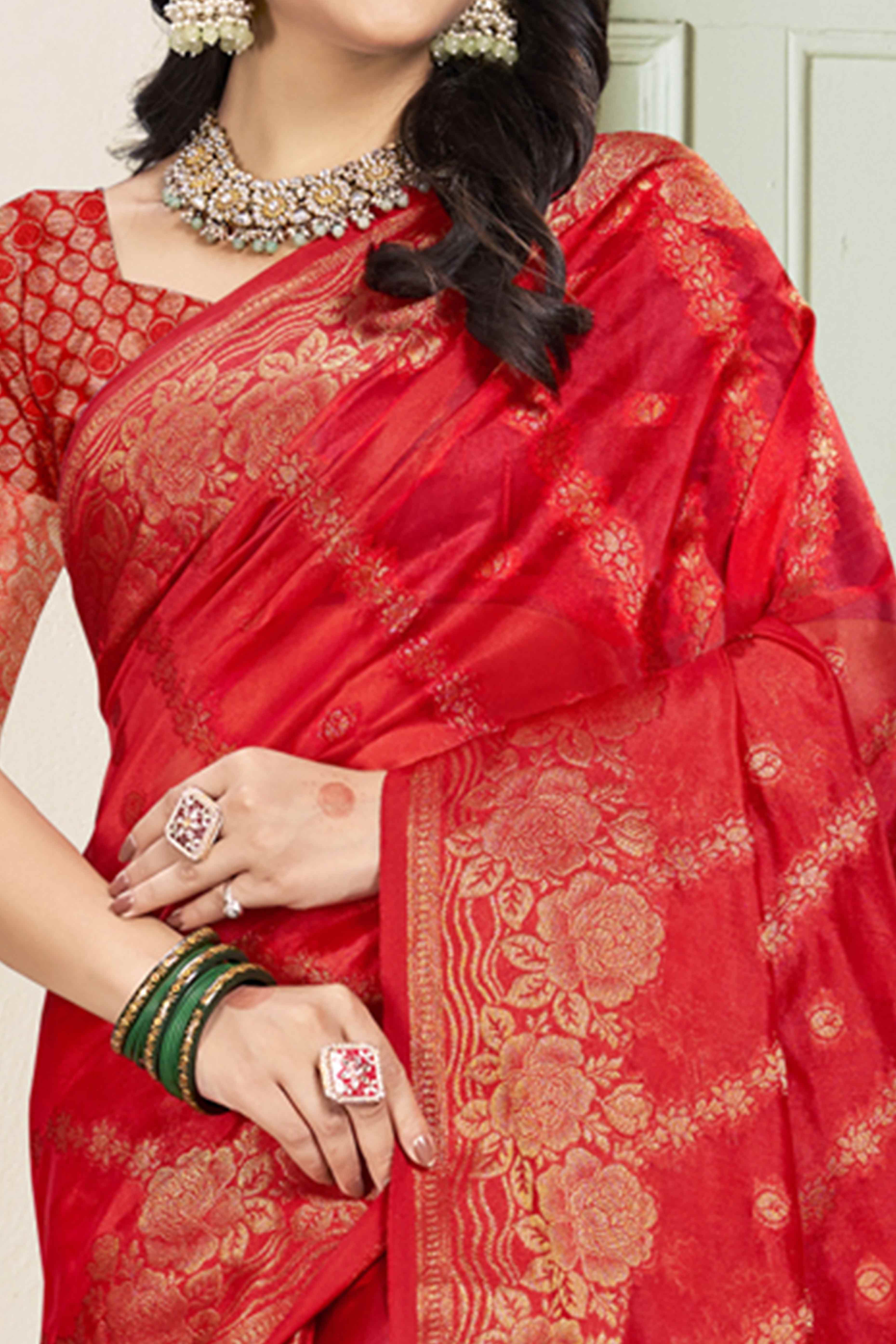 Red Floral Woven Cotton Silk Saree