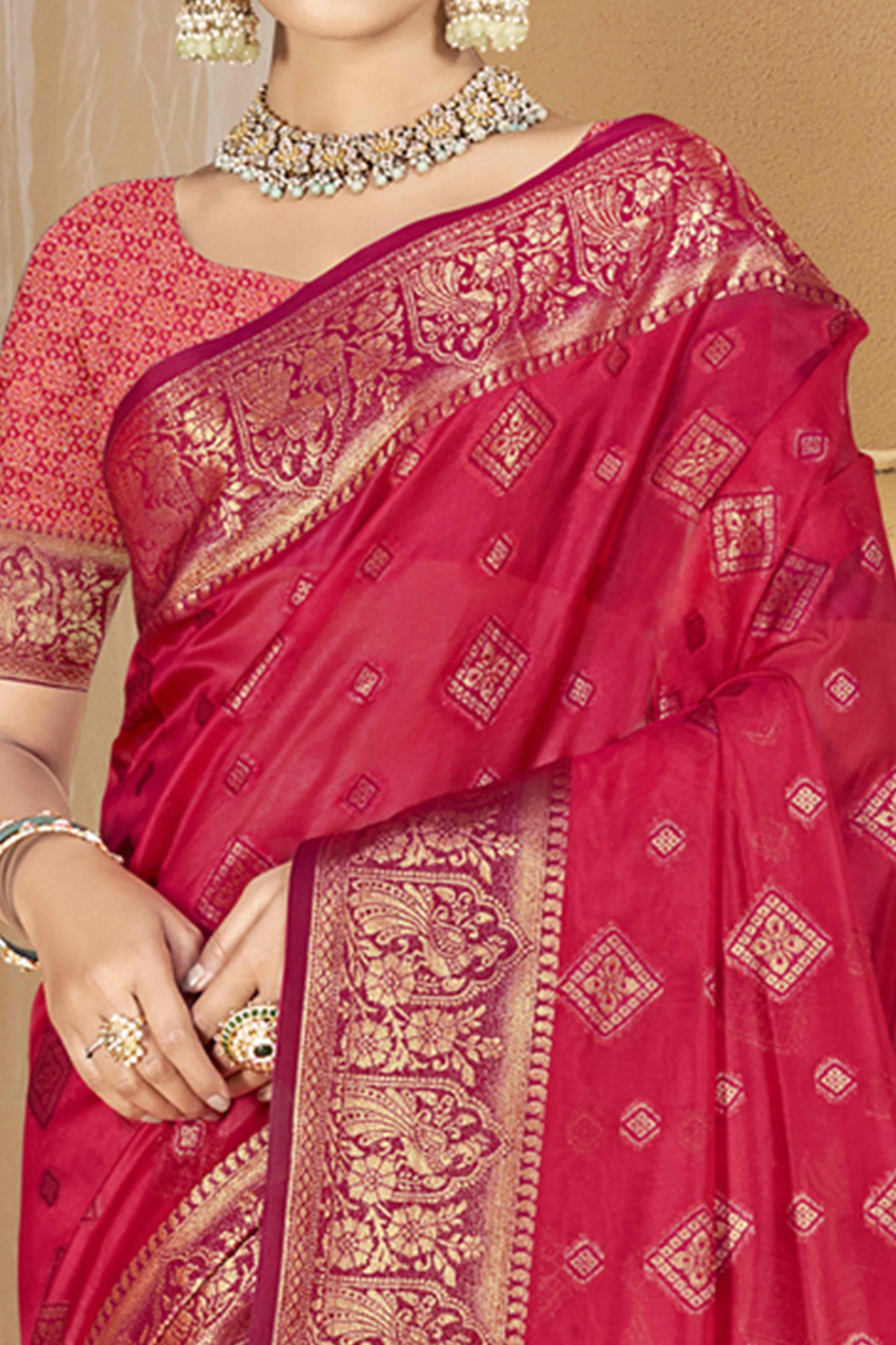 Cherry Red Floral & Peacock Pattern Zari Woven Banarasi Silk Saree