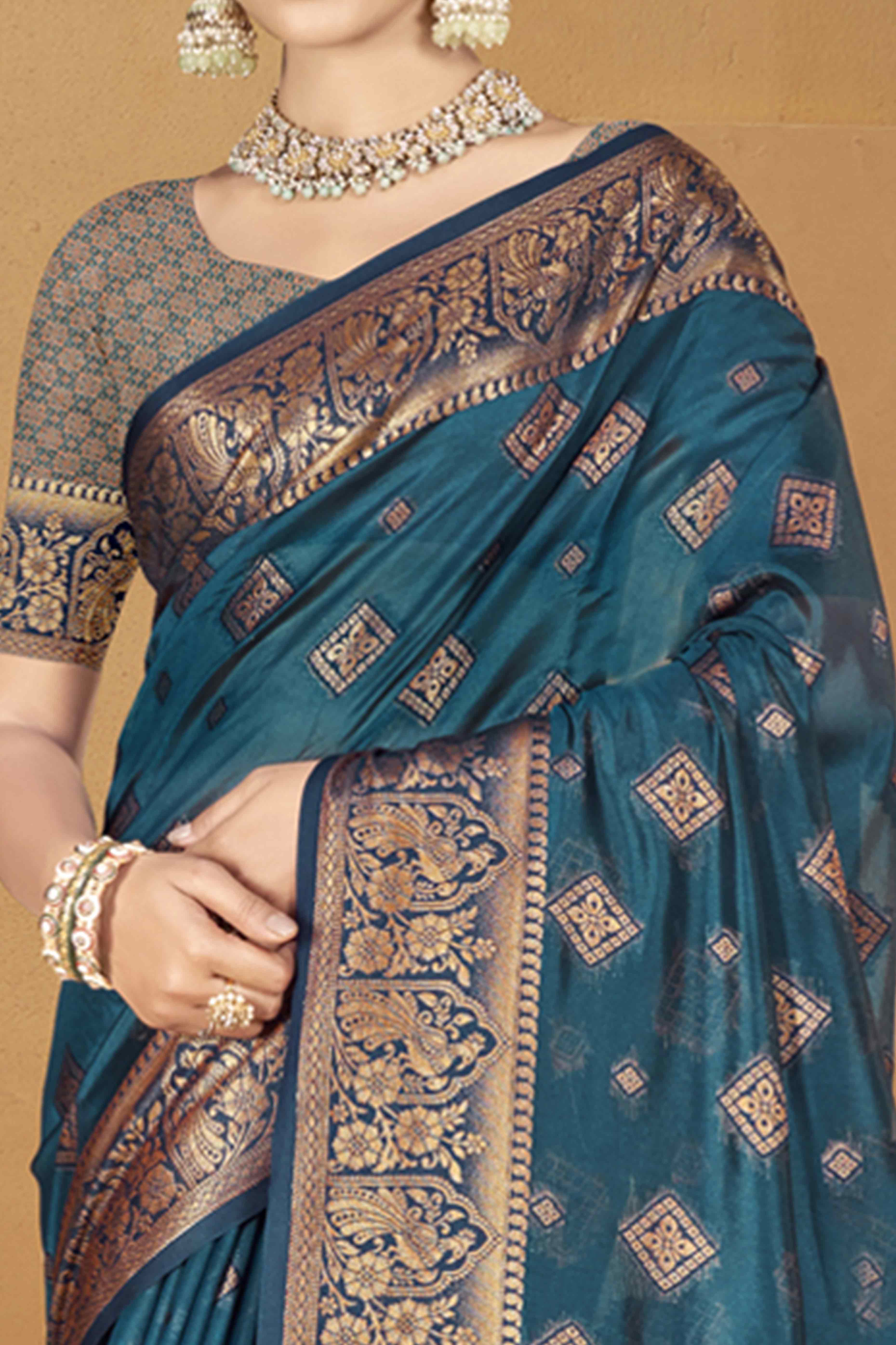 Blue Floral & Peacock Pattern Zari Woven Banarasi Silk Saree