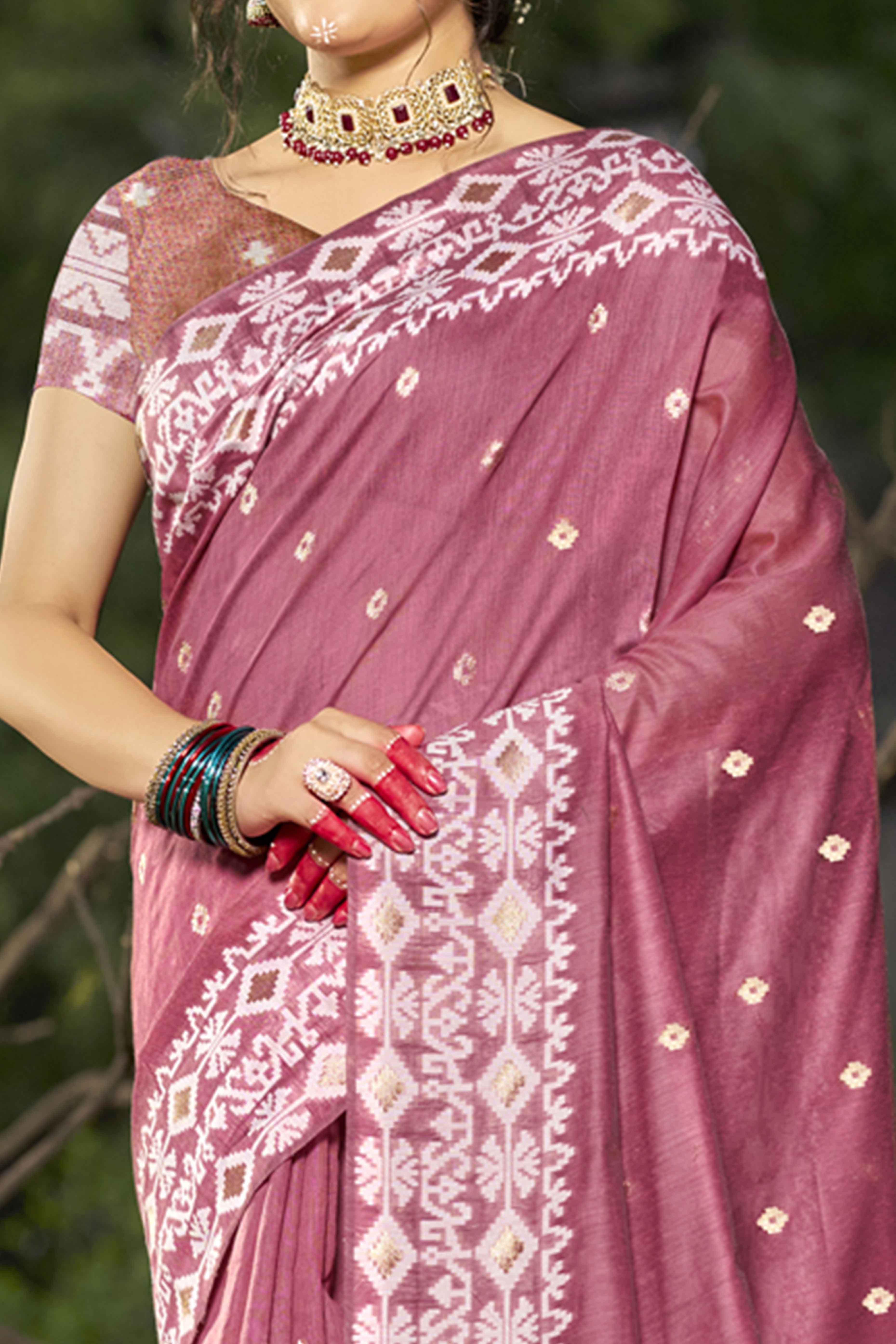 Pink Woven Linen Cotton Saree With Tassels