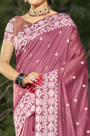 Pink Woven Linen Cotton Saree With Tassels