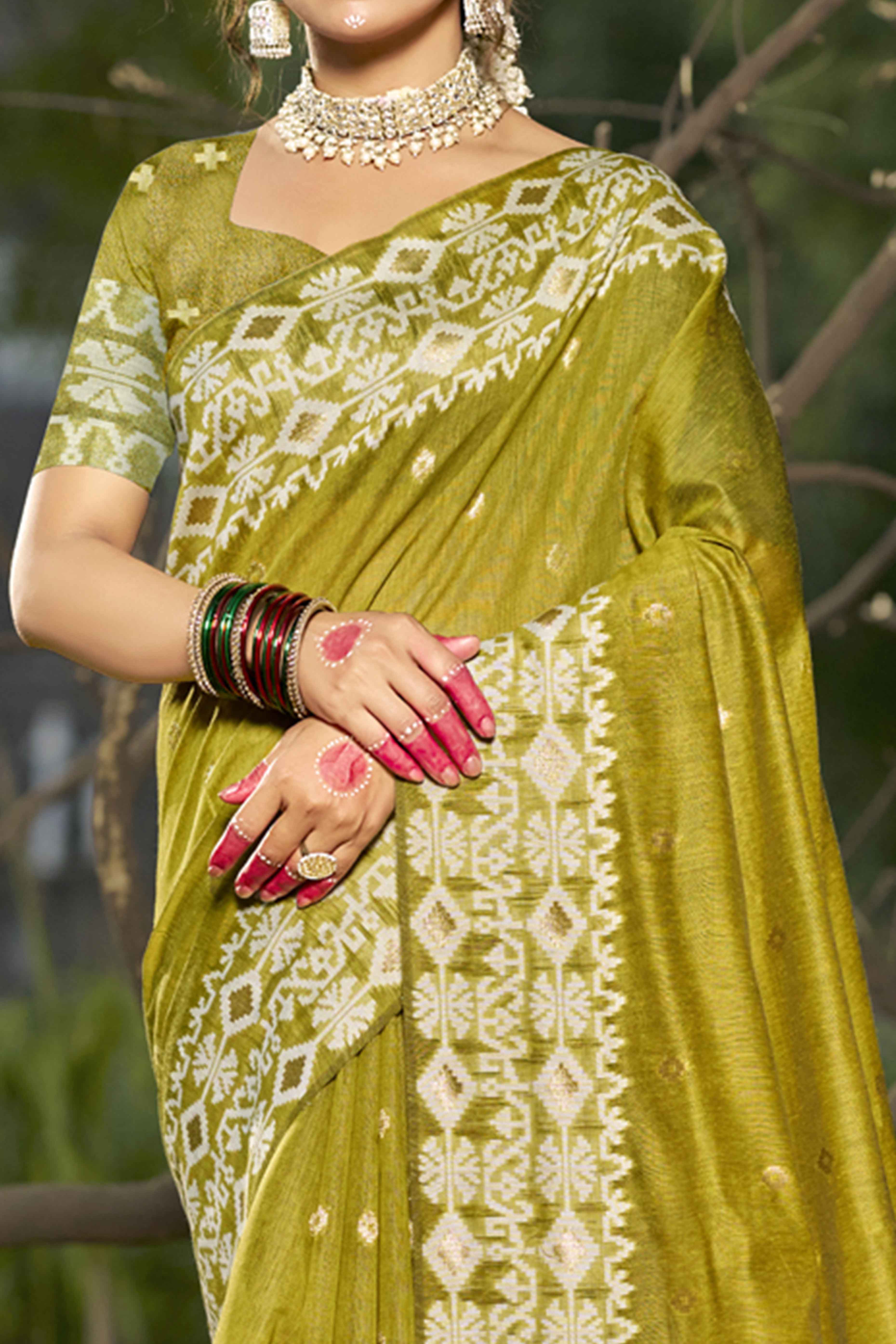 Olive Woven Linen Cotton Saree With Tassels