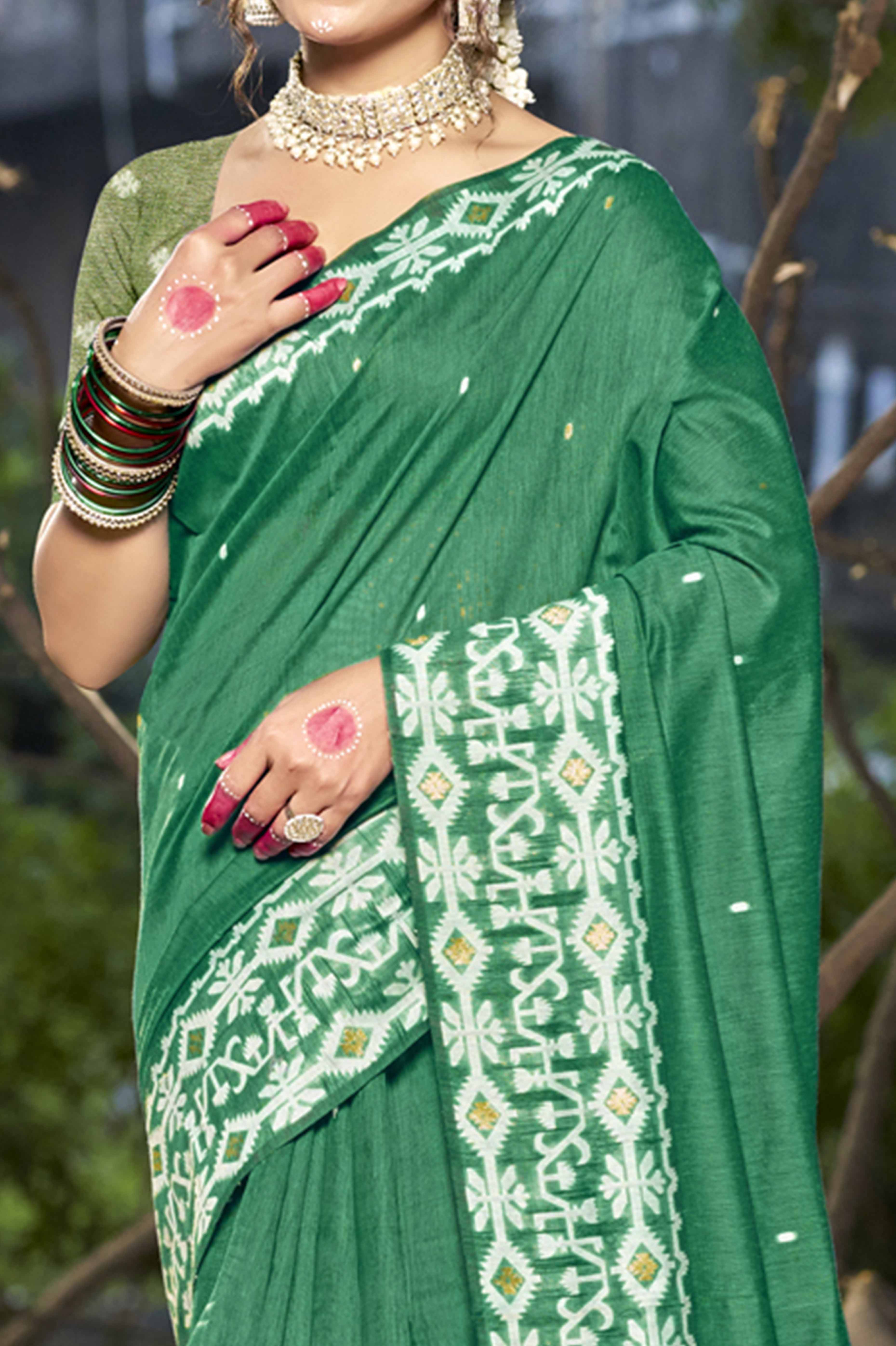 Green Woven Linen Cotton Saree With Tassels