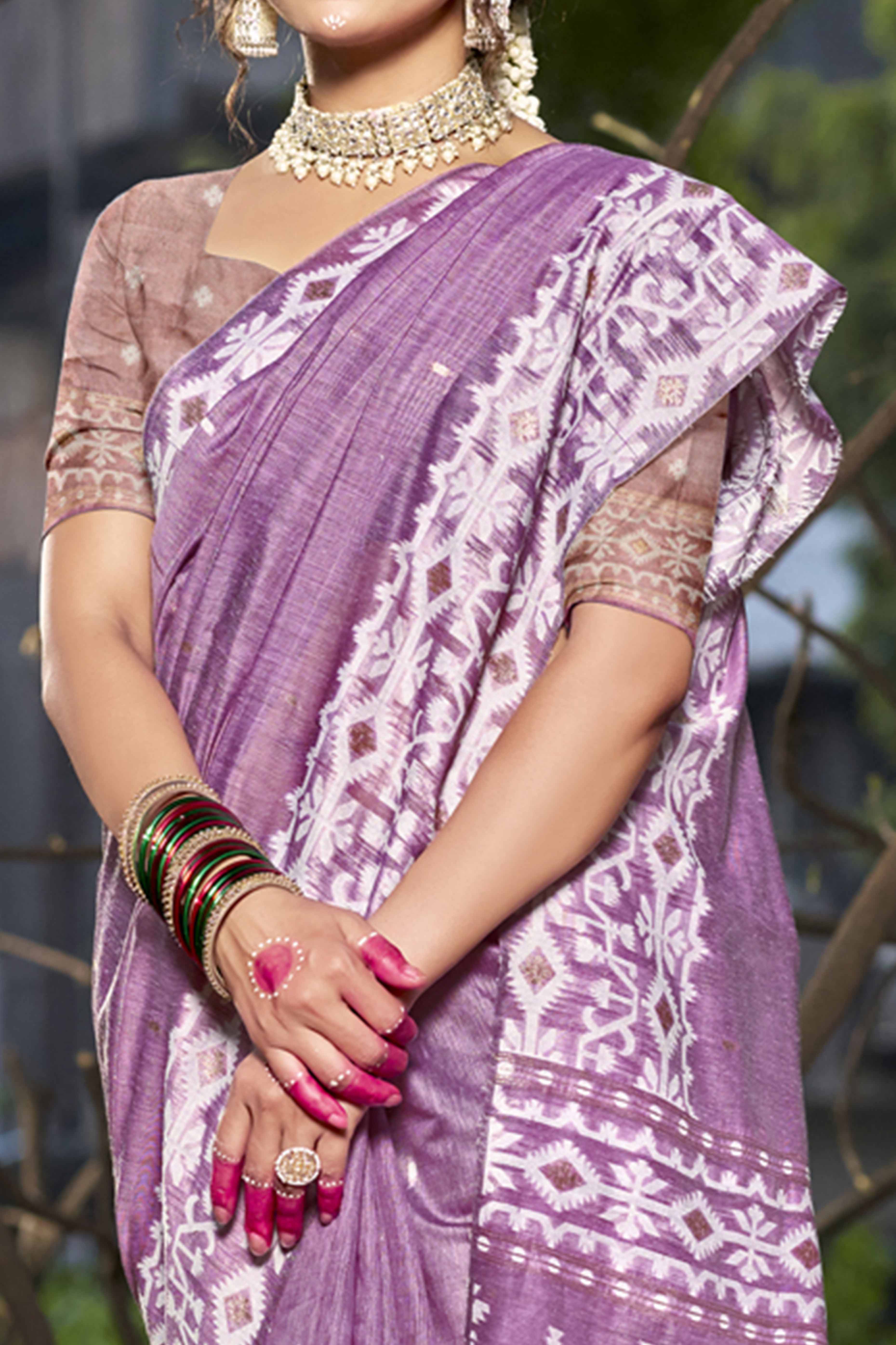 Purple Woven Linen Cotton Saree With Tassels