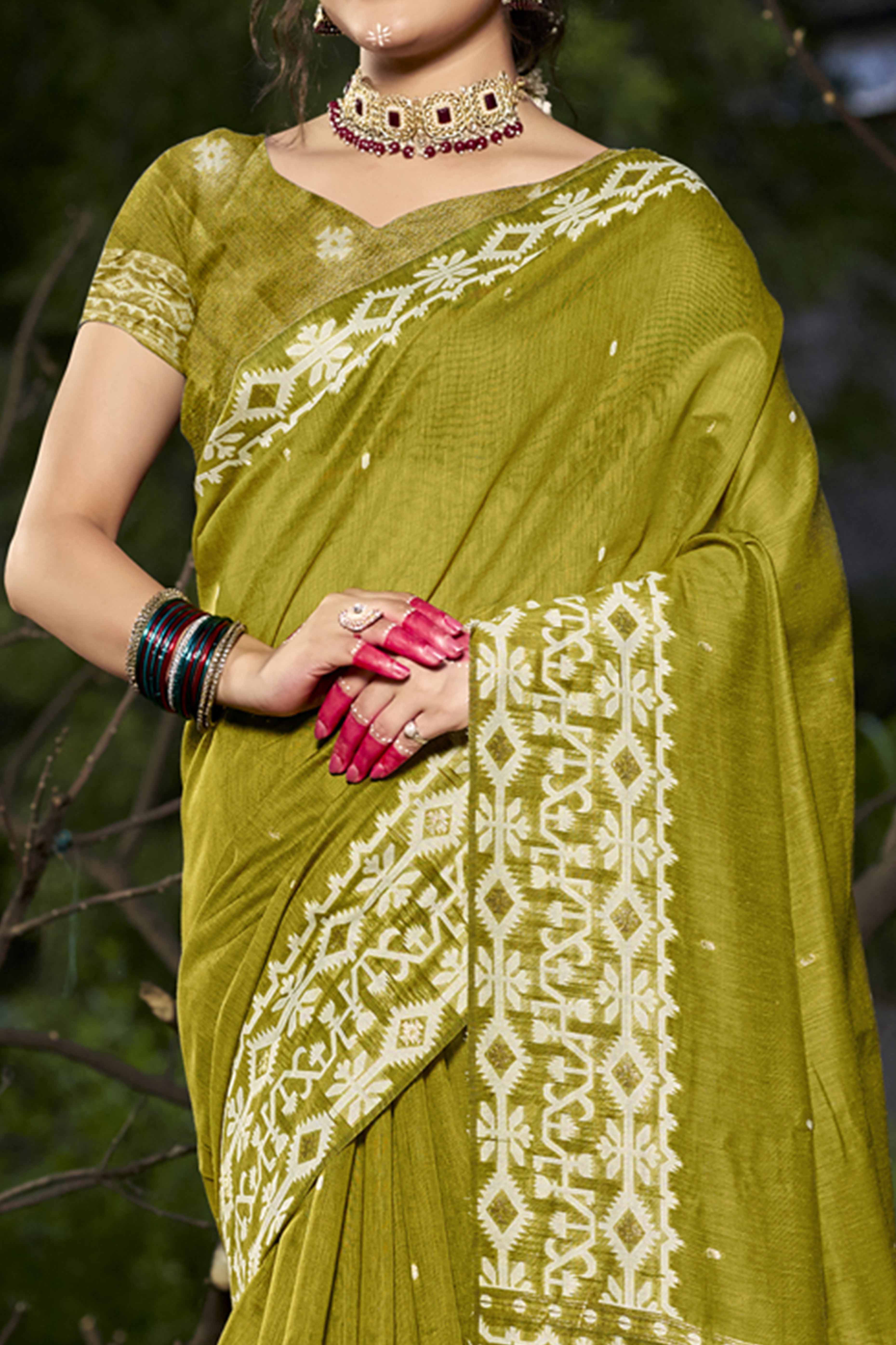 Olive Woven Linen Cotton Saree With Tassels