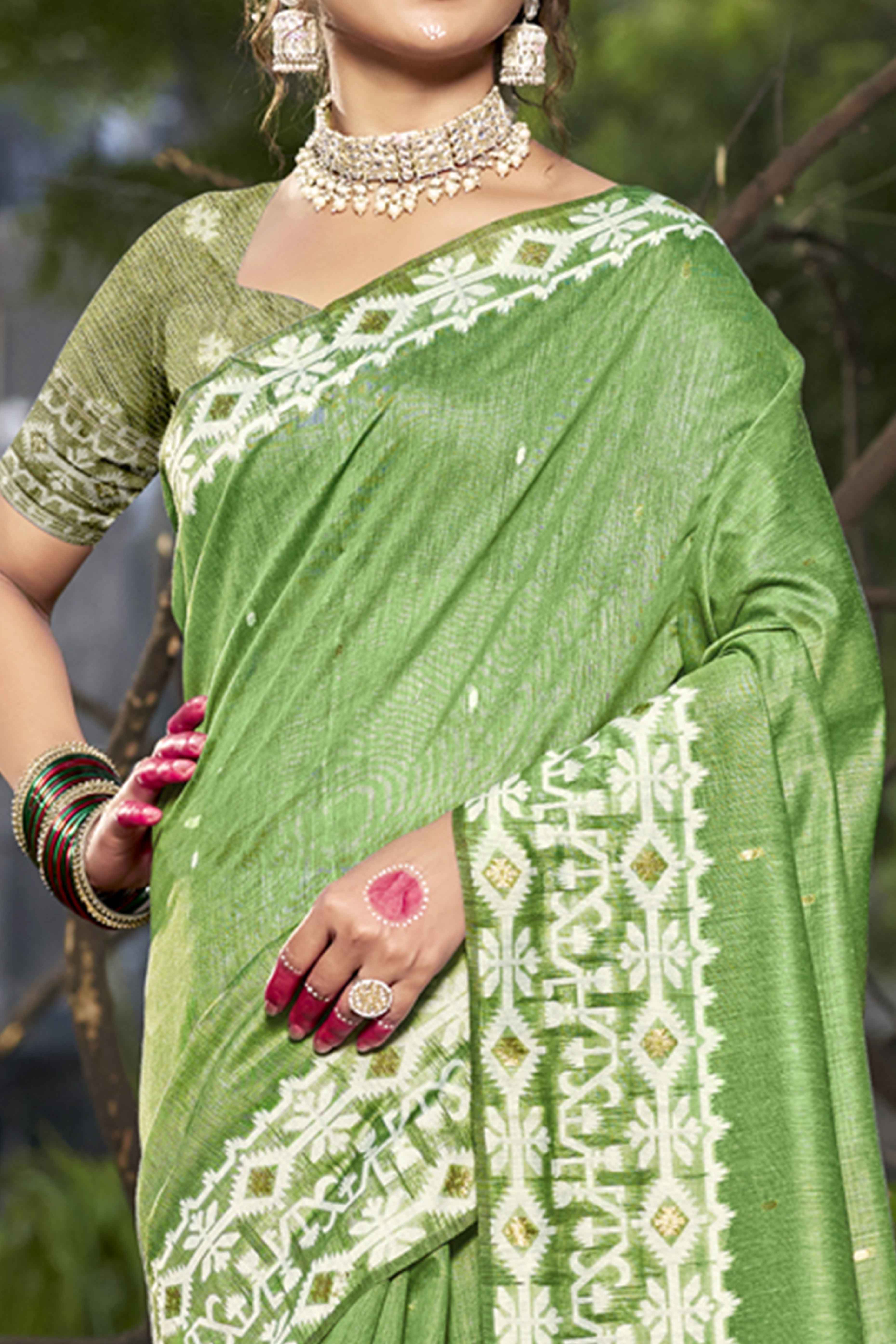 Light Green Woven Linen Cotton Saree With Tassels