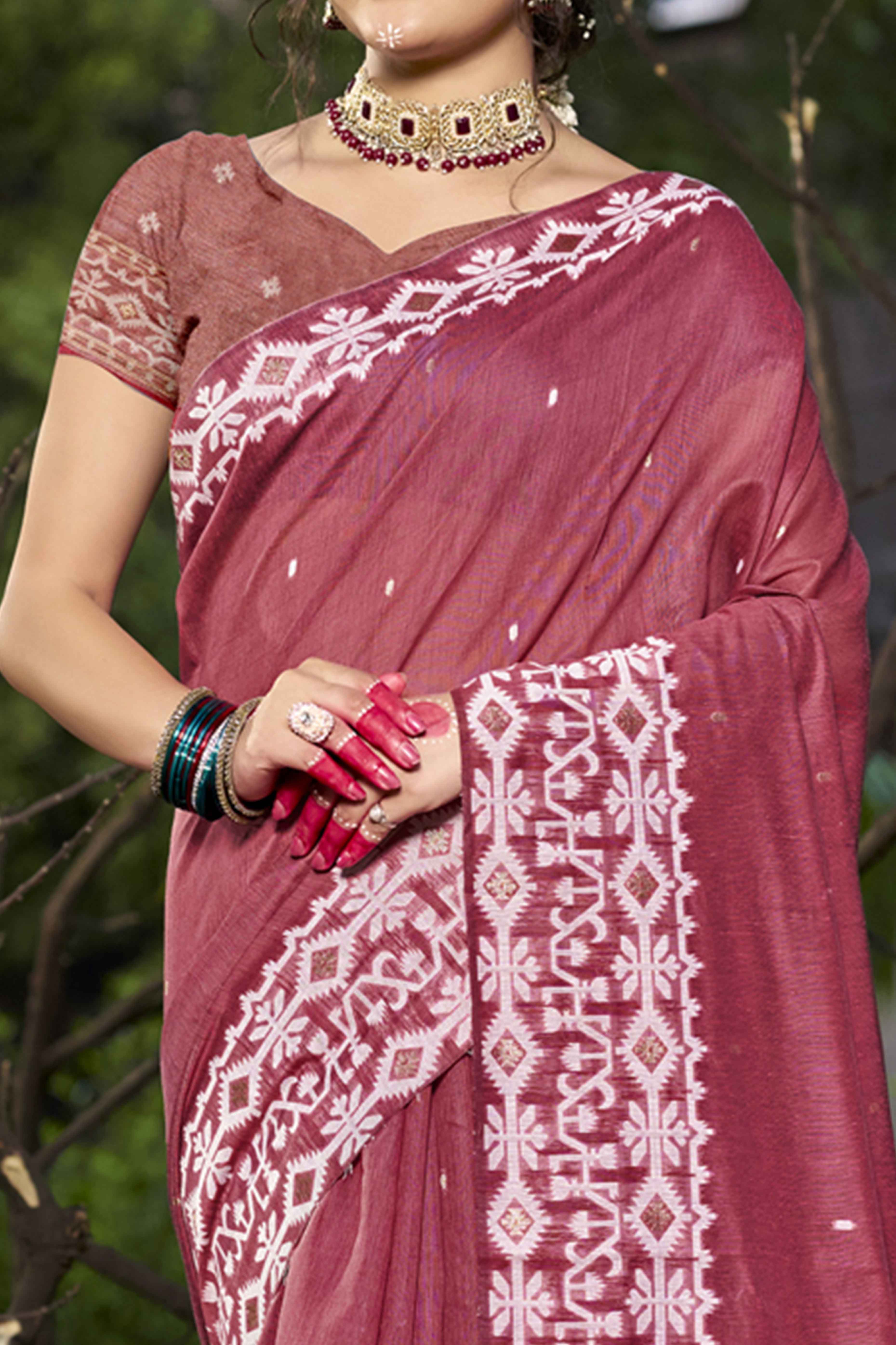 Dark Rose Pink Woven Linen Cotton Saree With Tassels