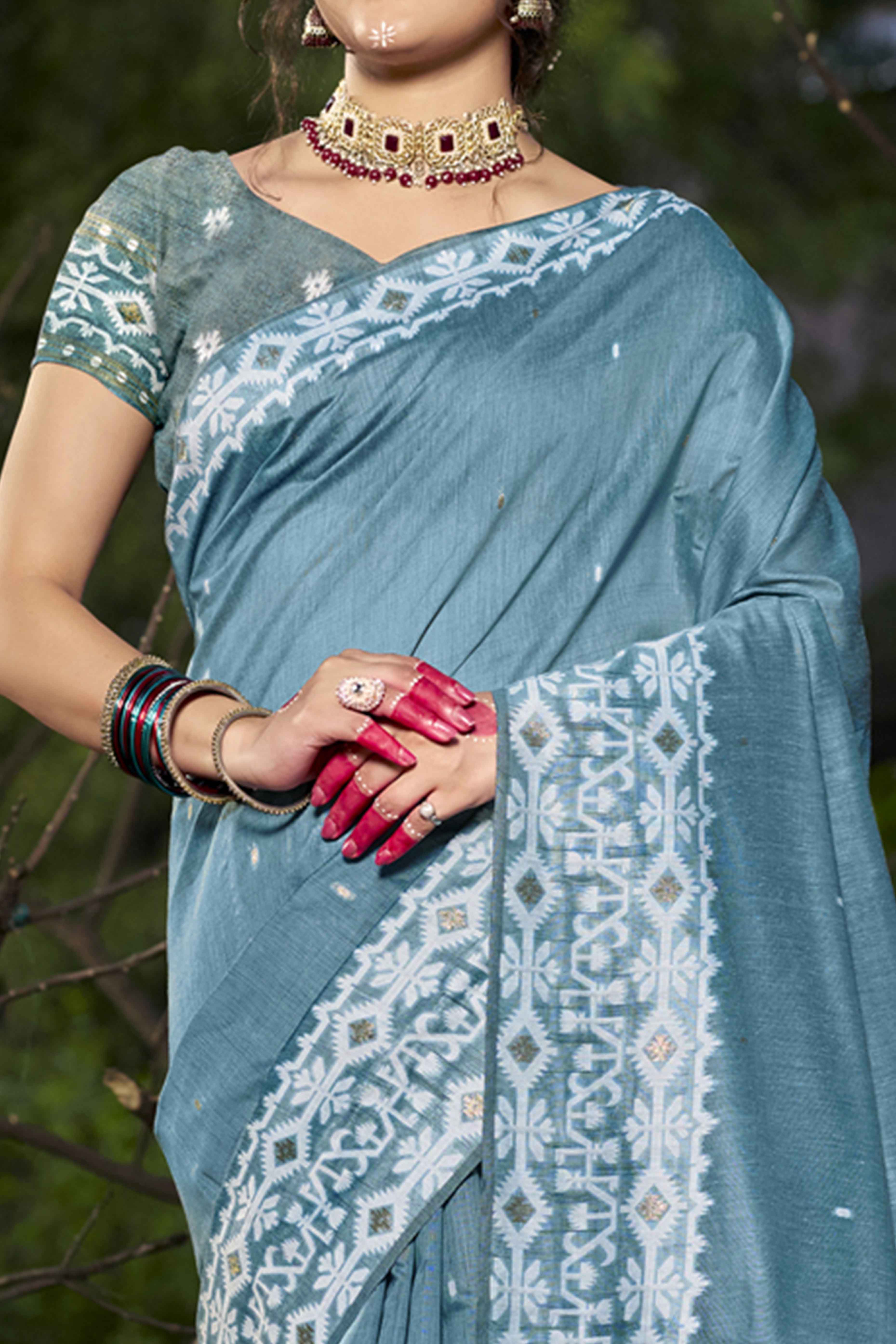 Light Blue Woven Linen Cotton Saree With Tassels