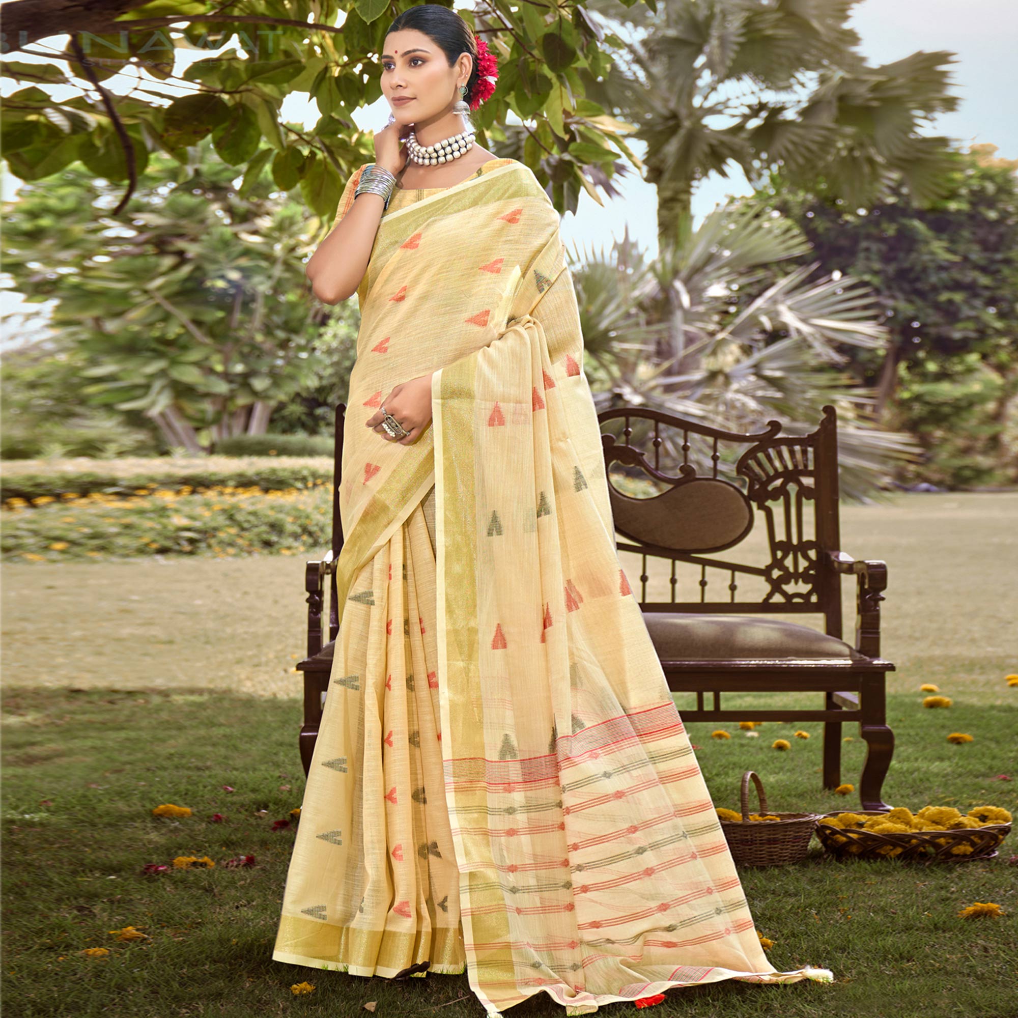 Light Yellow Woven Cotton Blend Saree