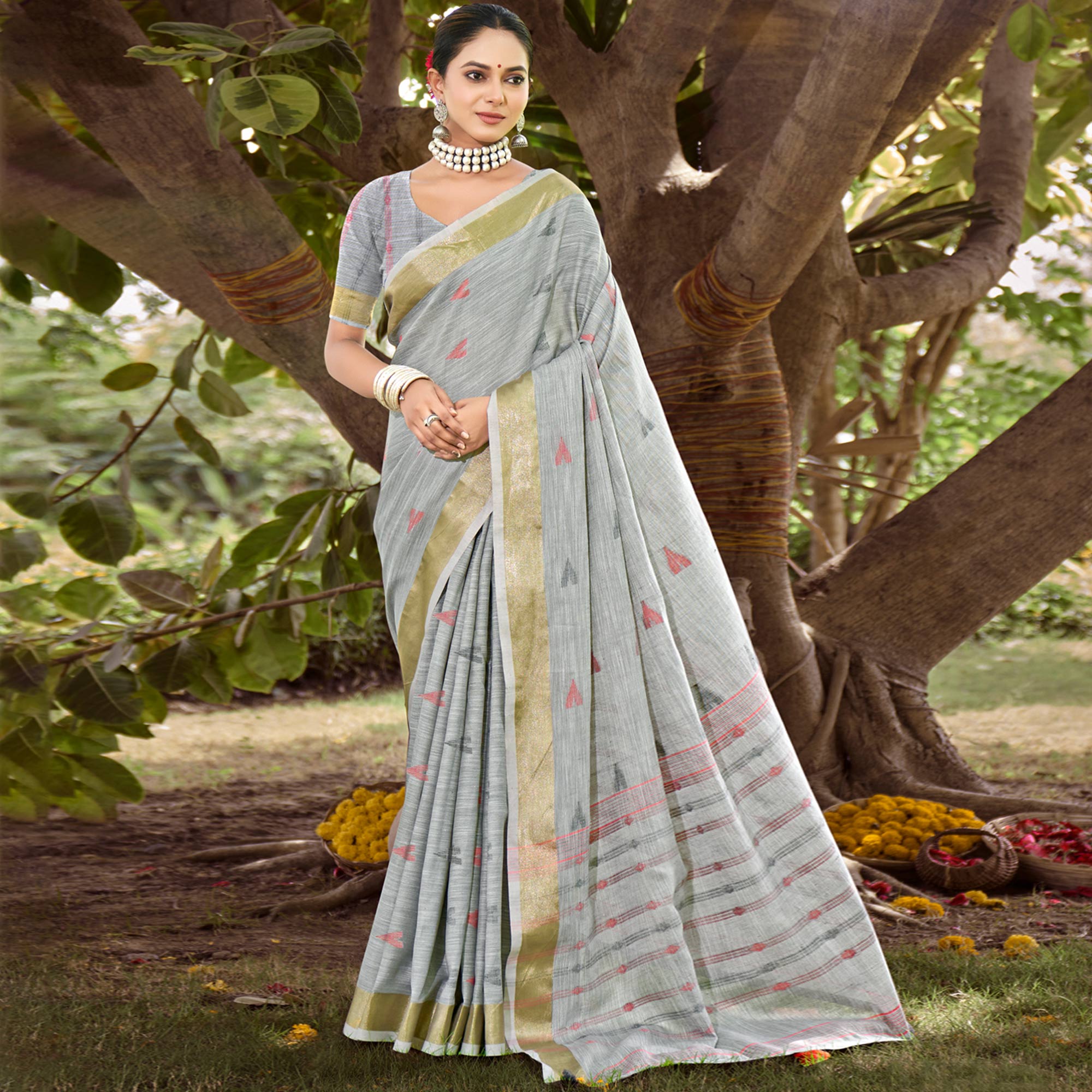 Grey Woven Cotton Blend Saree