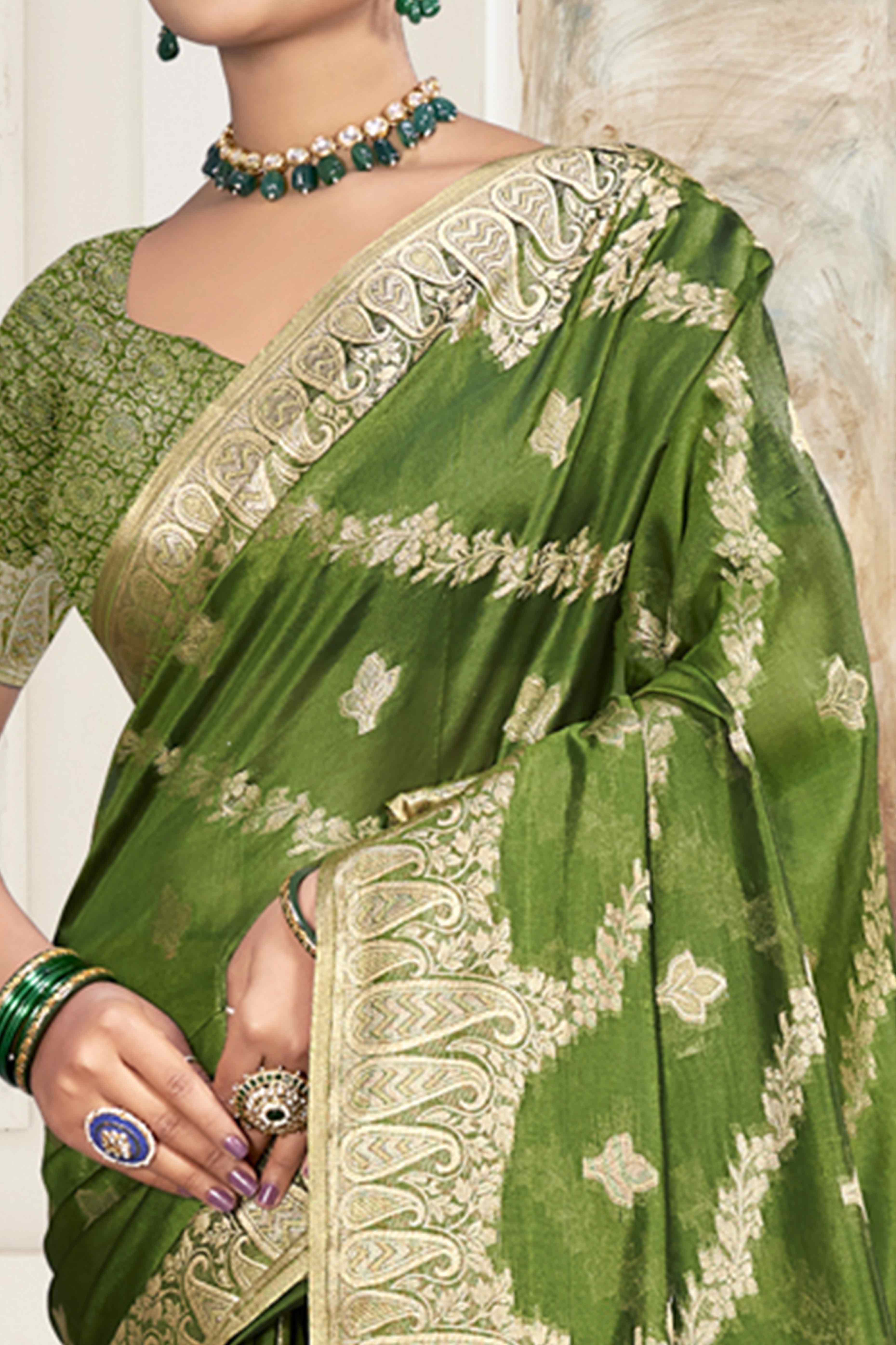 Green Floral With Paisley Pattern Zari Woven Organza Saree