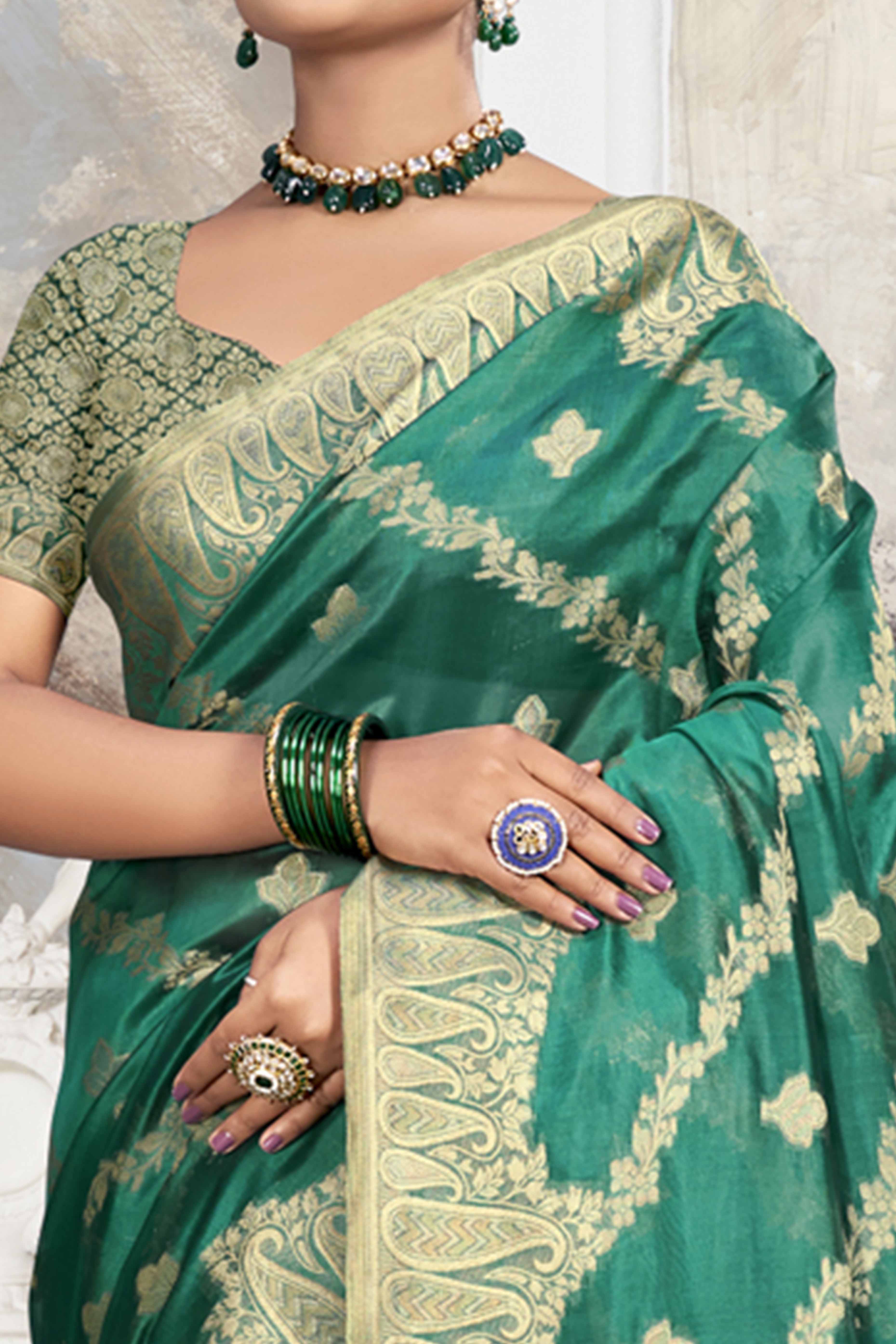 Rama Green Floral With Paisley Pattern Zari Woven Organza Saree