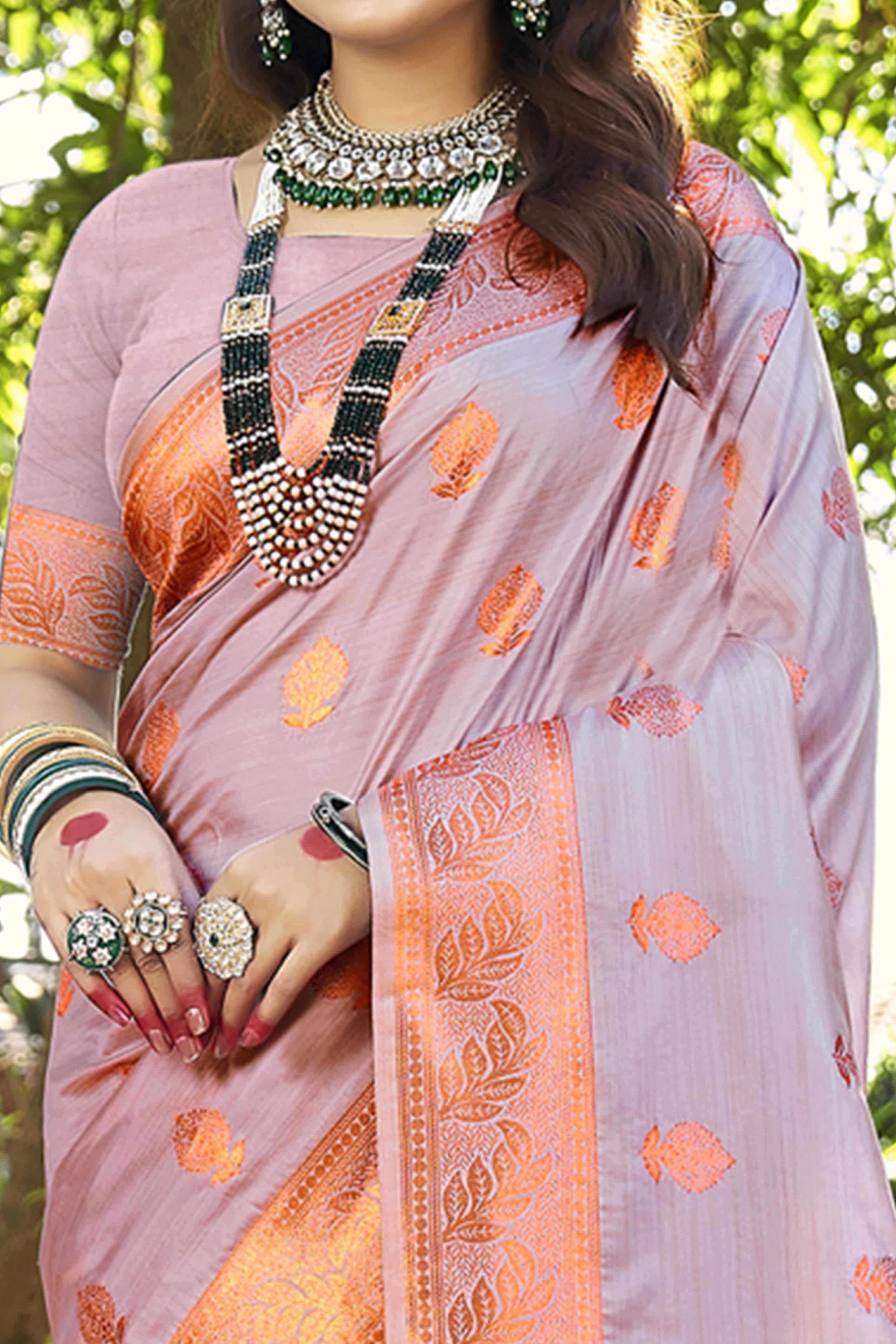 Dazzling Floral Zari Woven Banarasi Silk Saree In Onion