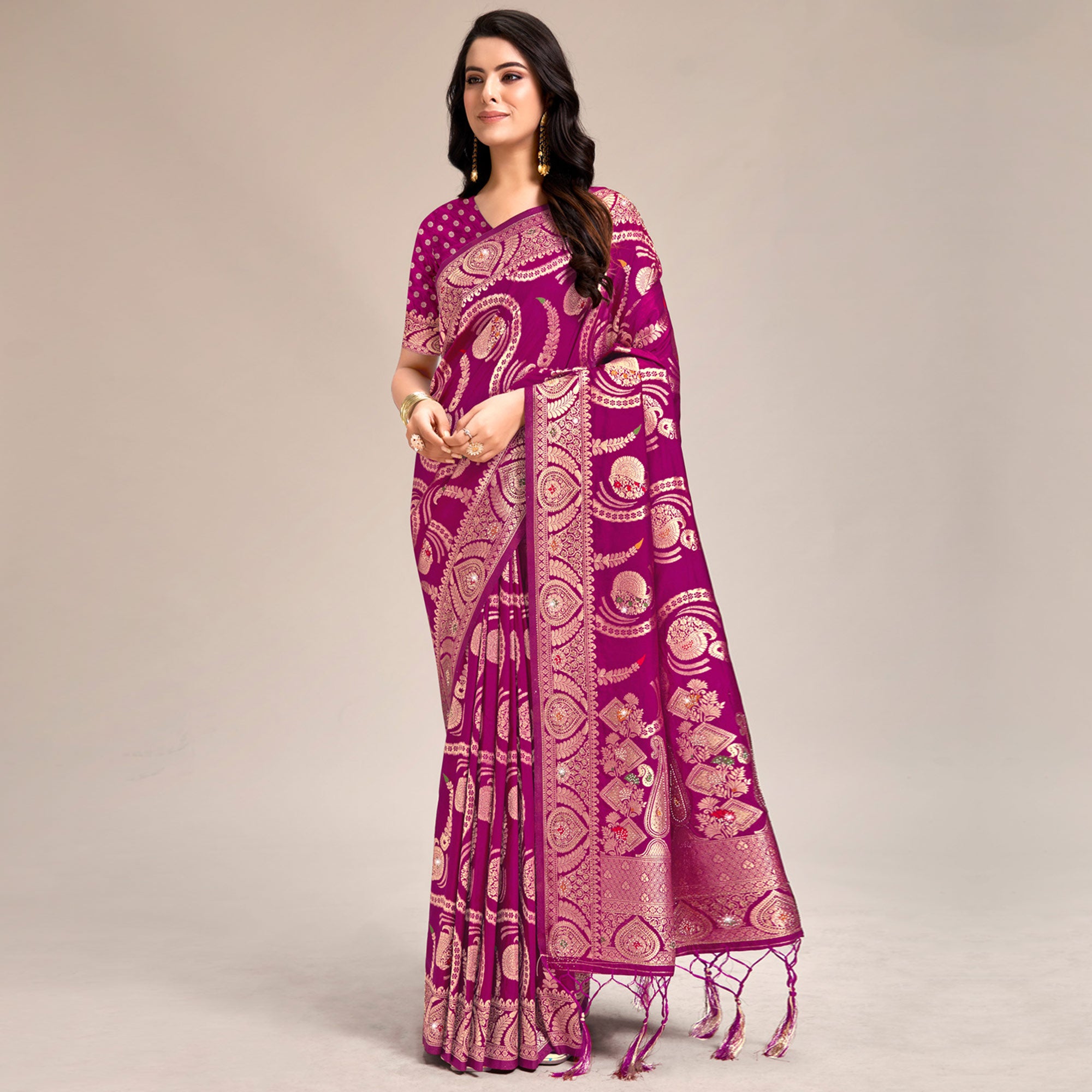 Purple Woven Banarasi Silk Saree With Tassels