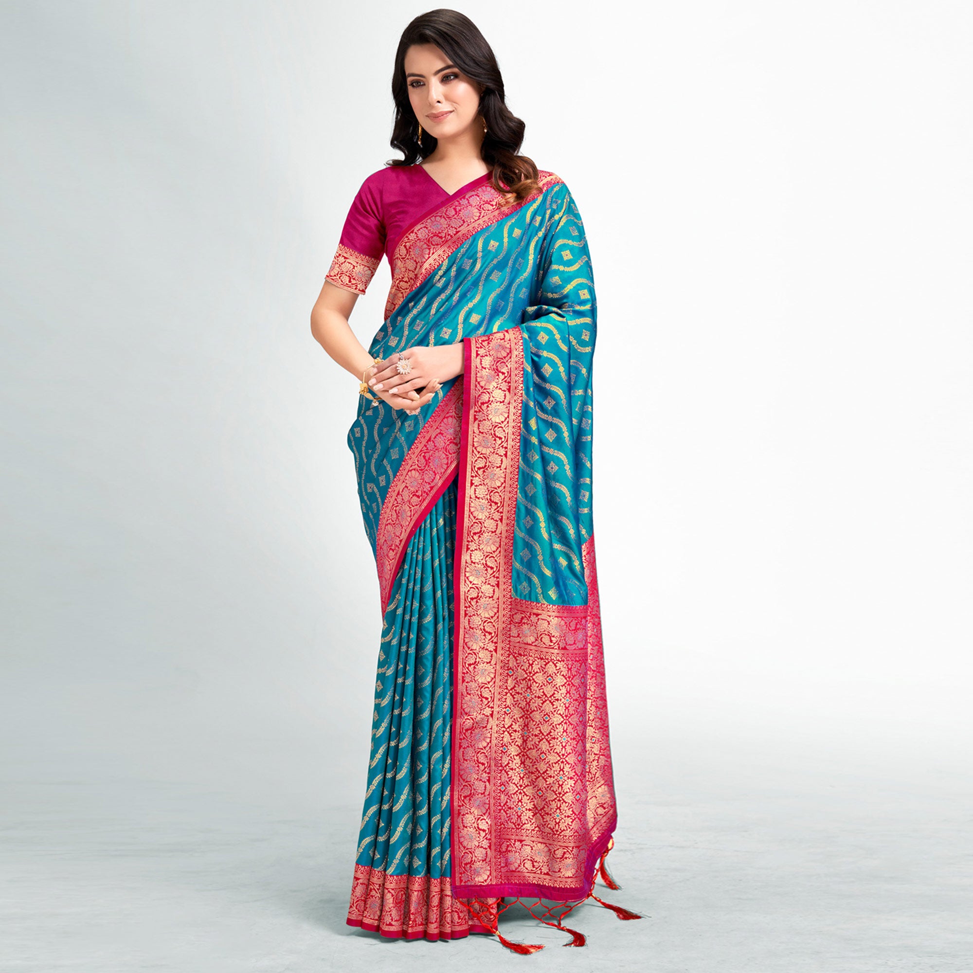 Sky Blue Woven Banarasi Silk Saree With Tassels