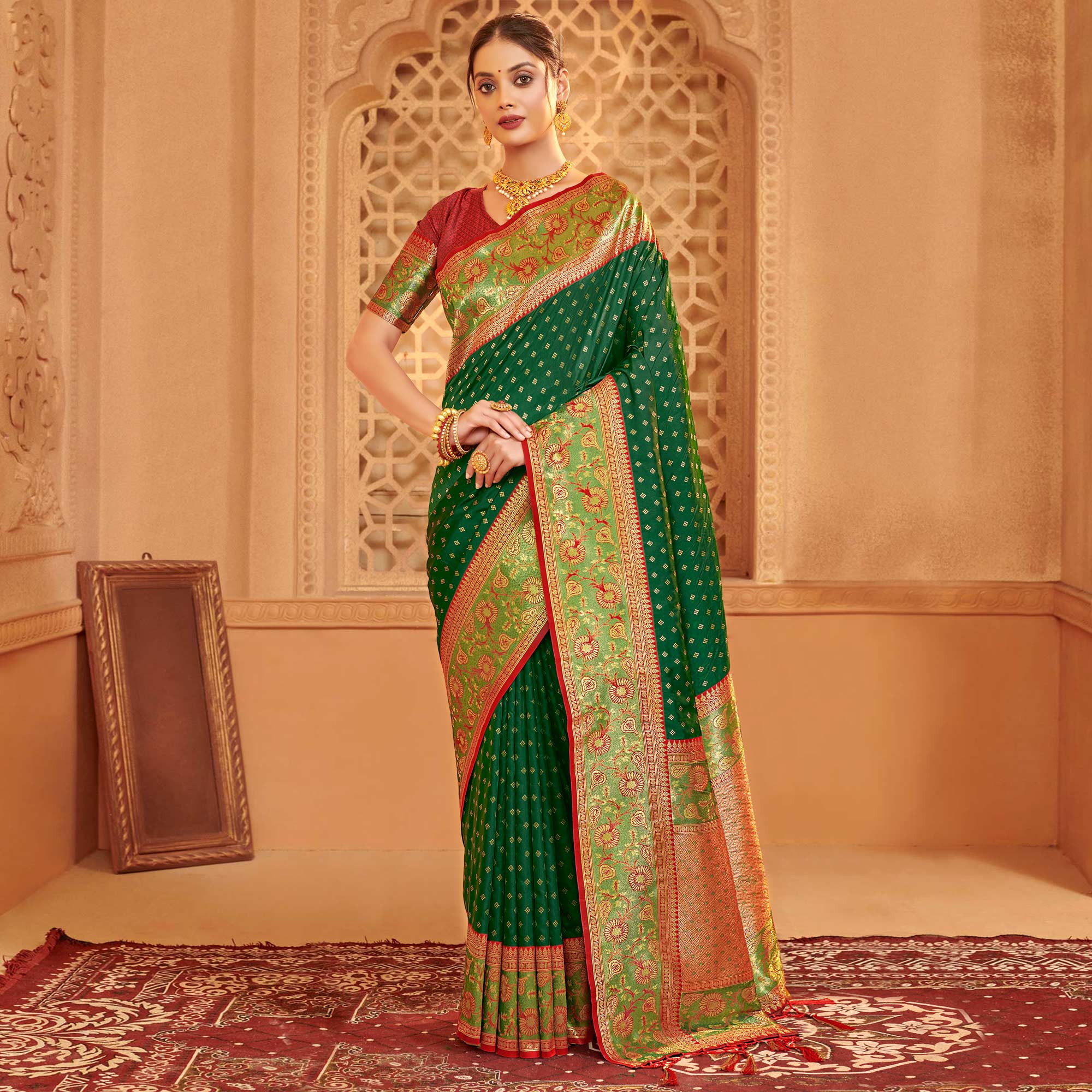 Green Floral Woven Banarasi Silk Saree With Tassels