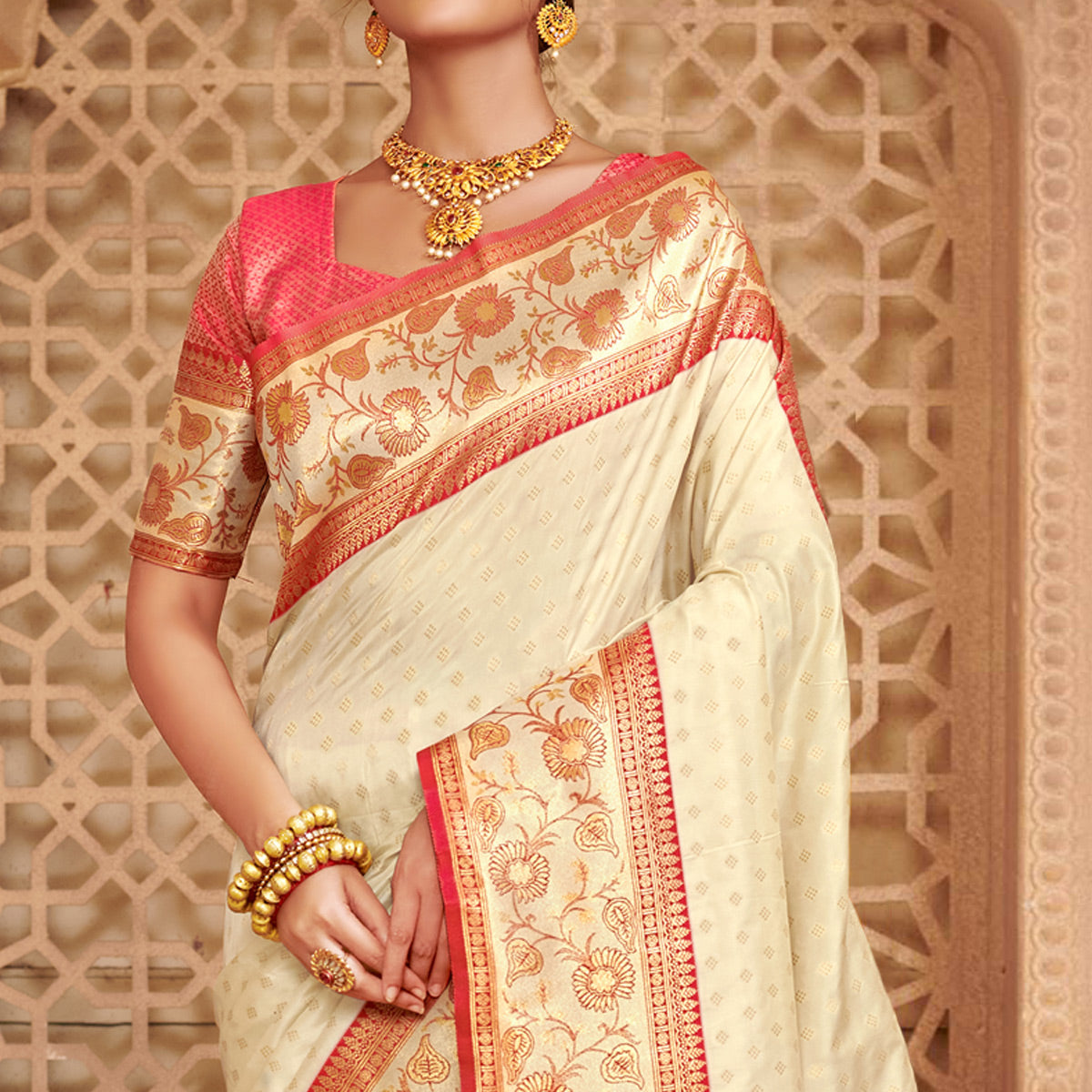 Off White Floral Woven Banarasi Silk Saree With Tassels