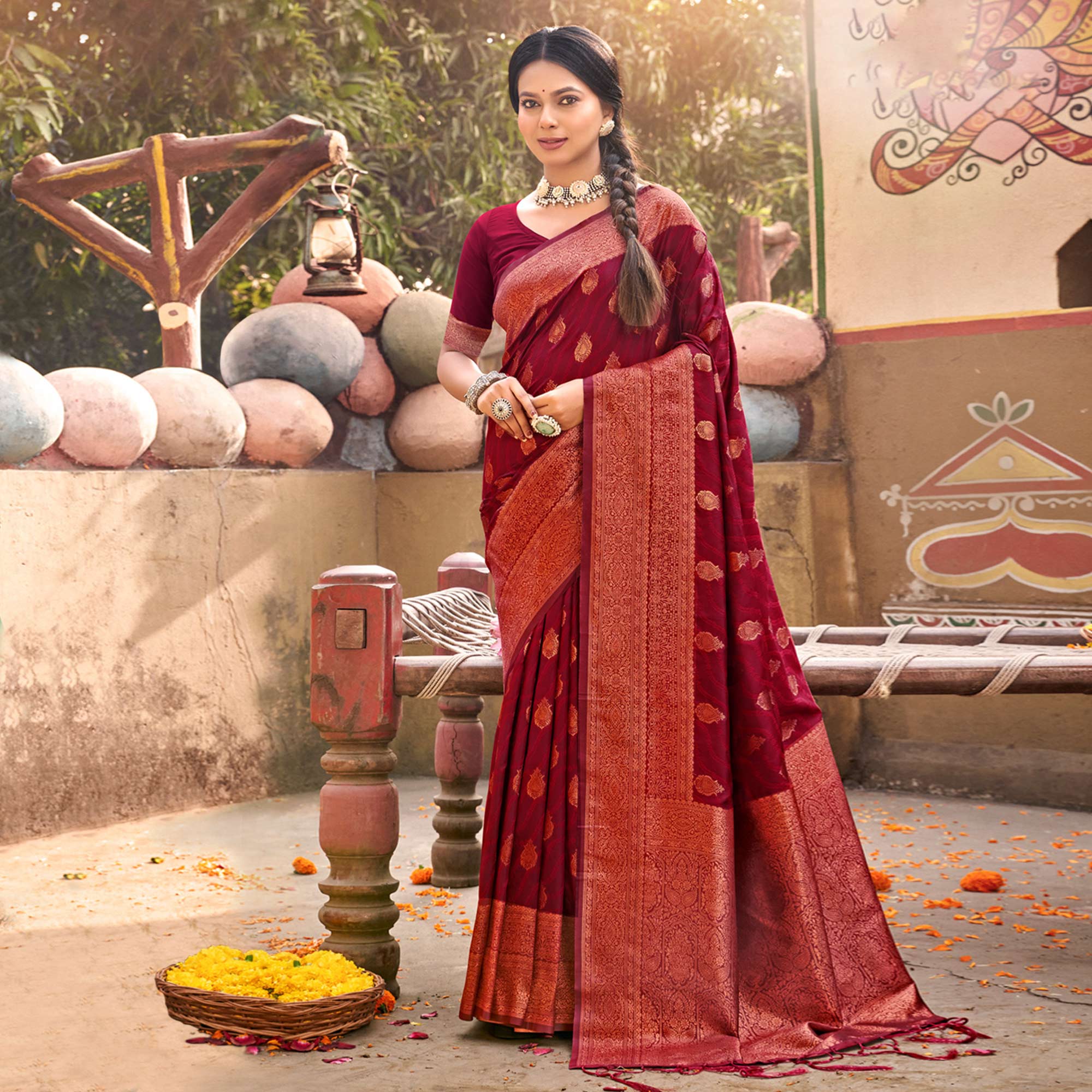 Maroon Floral Woven Banarasi Silk Saree With Tassels