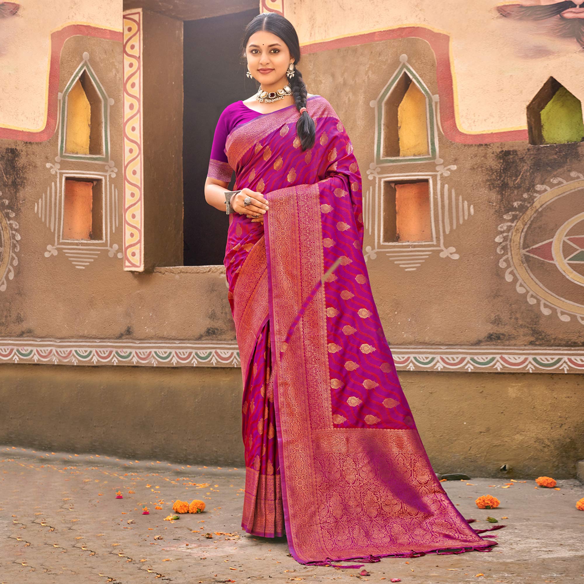 Purple Floral Woven Banarasi Silk Saree With Tassels