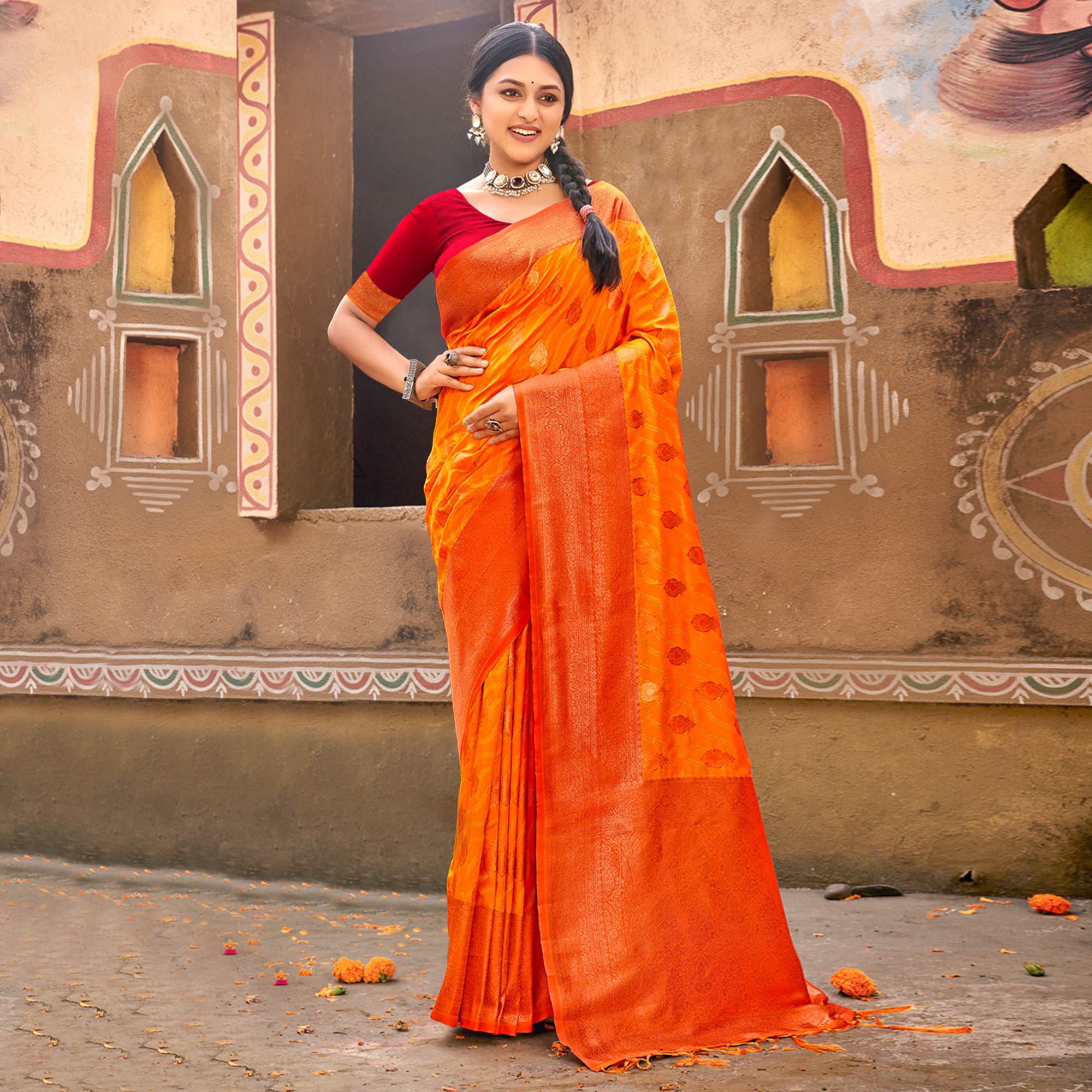 Orange Floral Woven Banarasi Silk Saree With Tassels