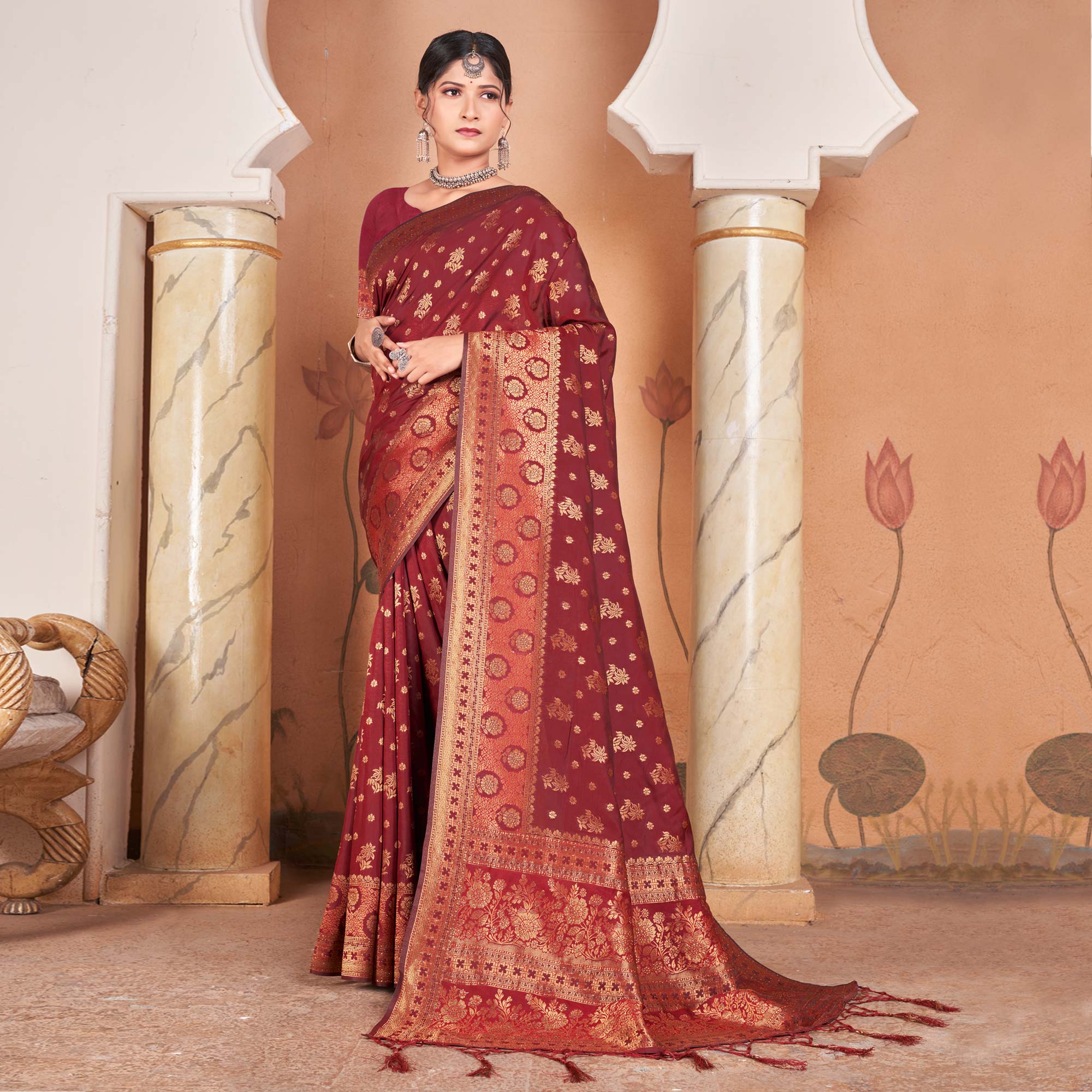 Maroon Floral Woven Banarasi Silk Saree With Tassels