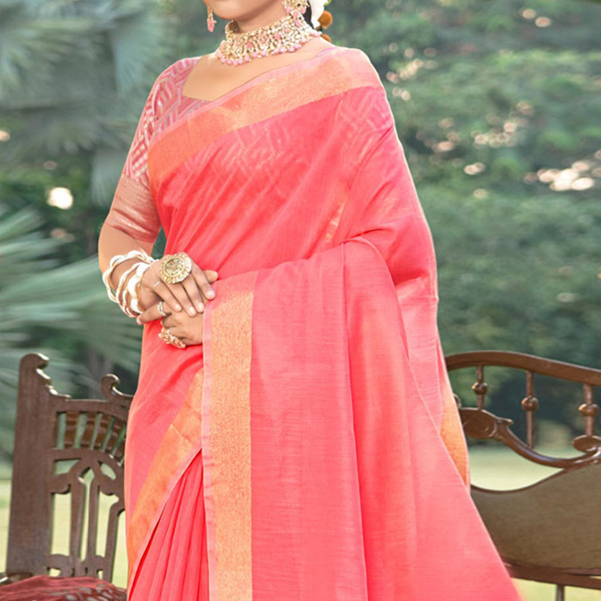 Pink Woven Cotton Blend Saree