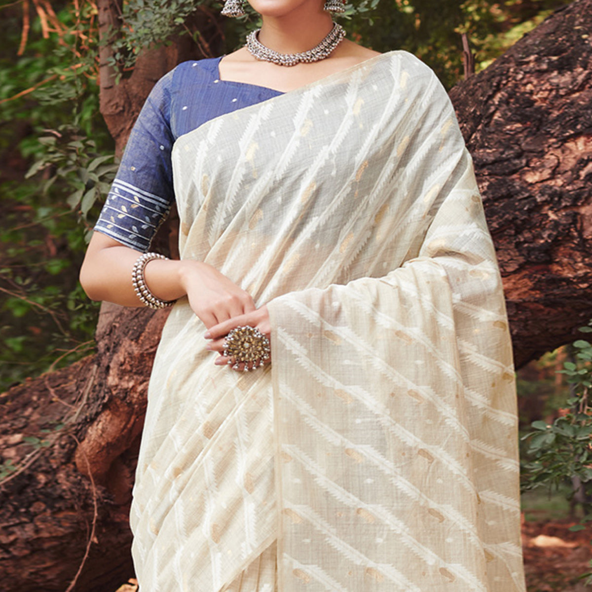 Off White & Blue Woven Cotton Silk Saree With Tassels