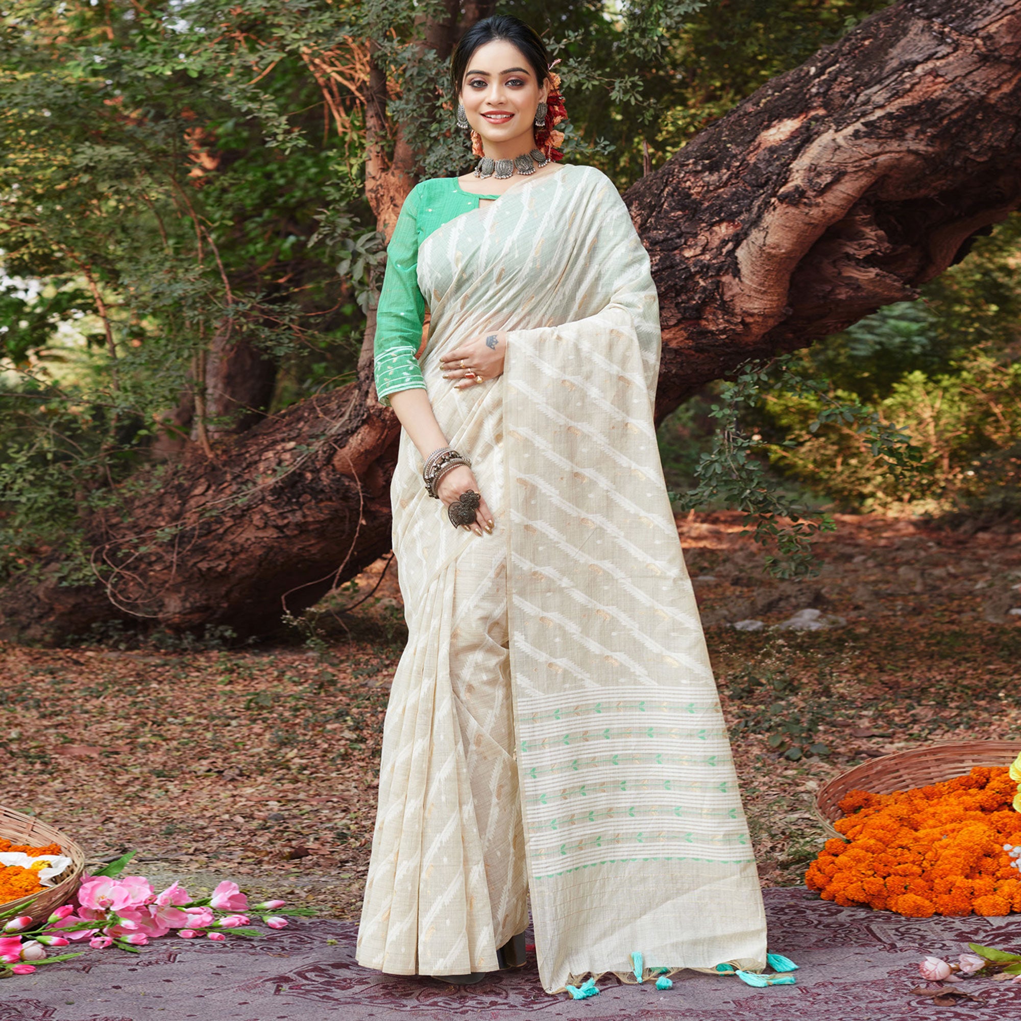 Off White & Pista Green Woven Cotton Silk Saree With Tassels