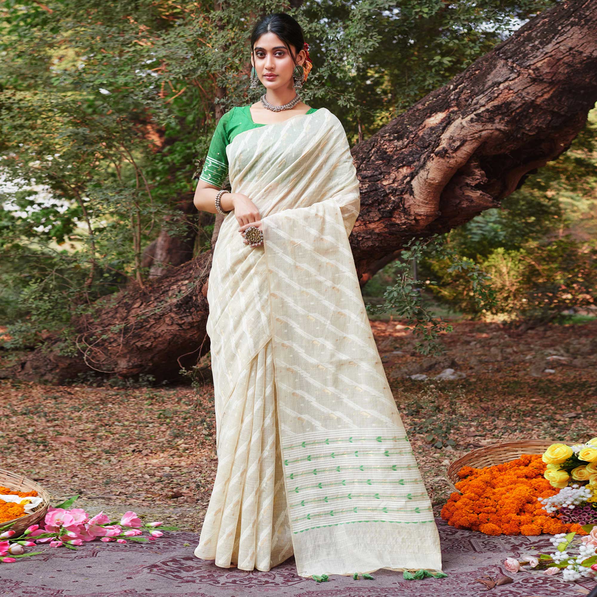 Off White & Green Woven Cotton Silk Saree With Tassels