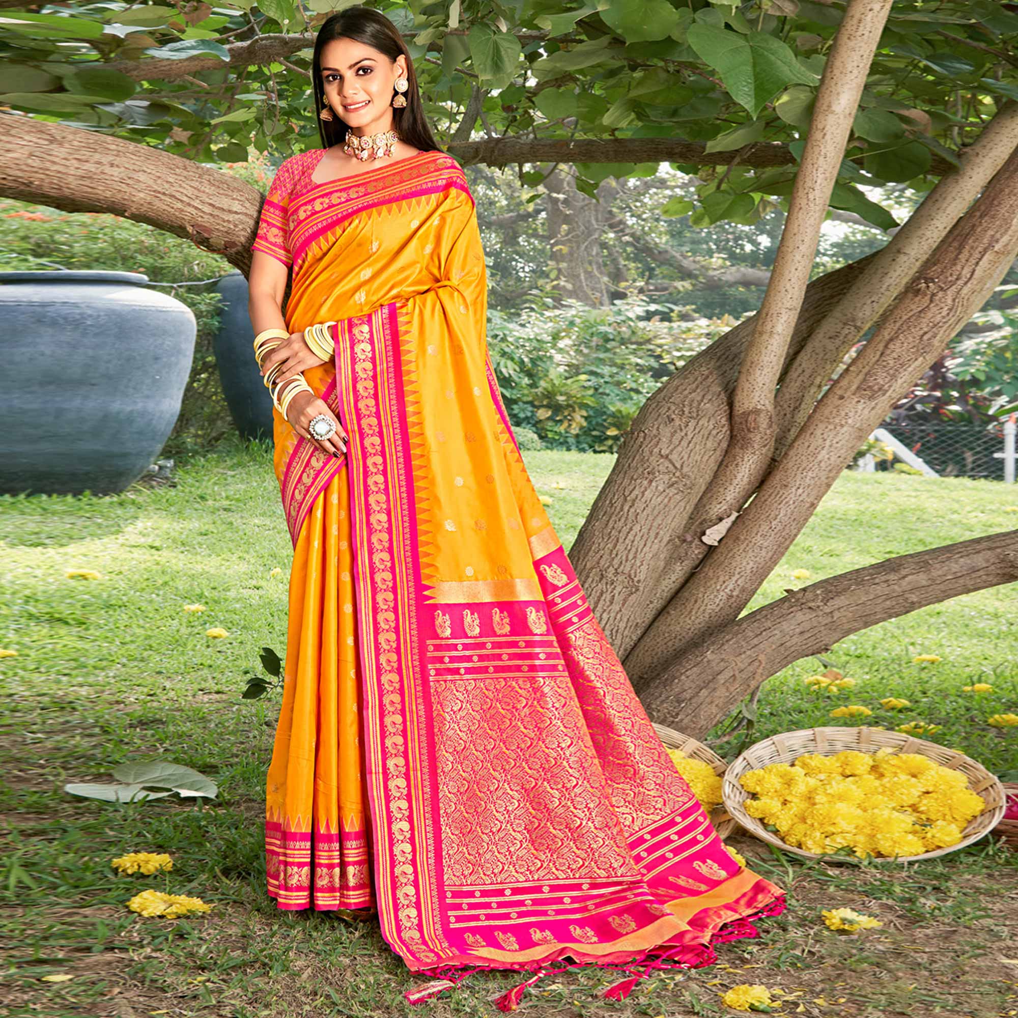 Yellow Woven Paithani Banarasi Silk Saree With Tassels