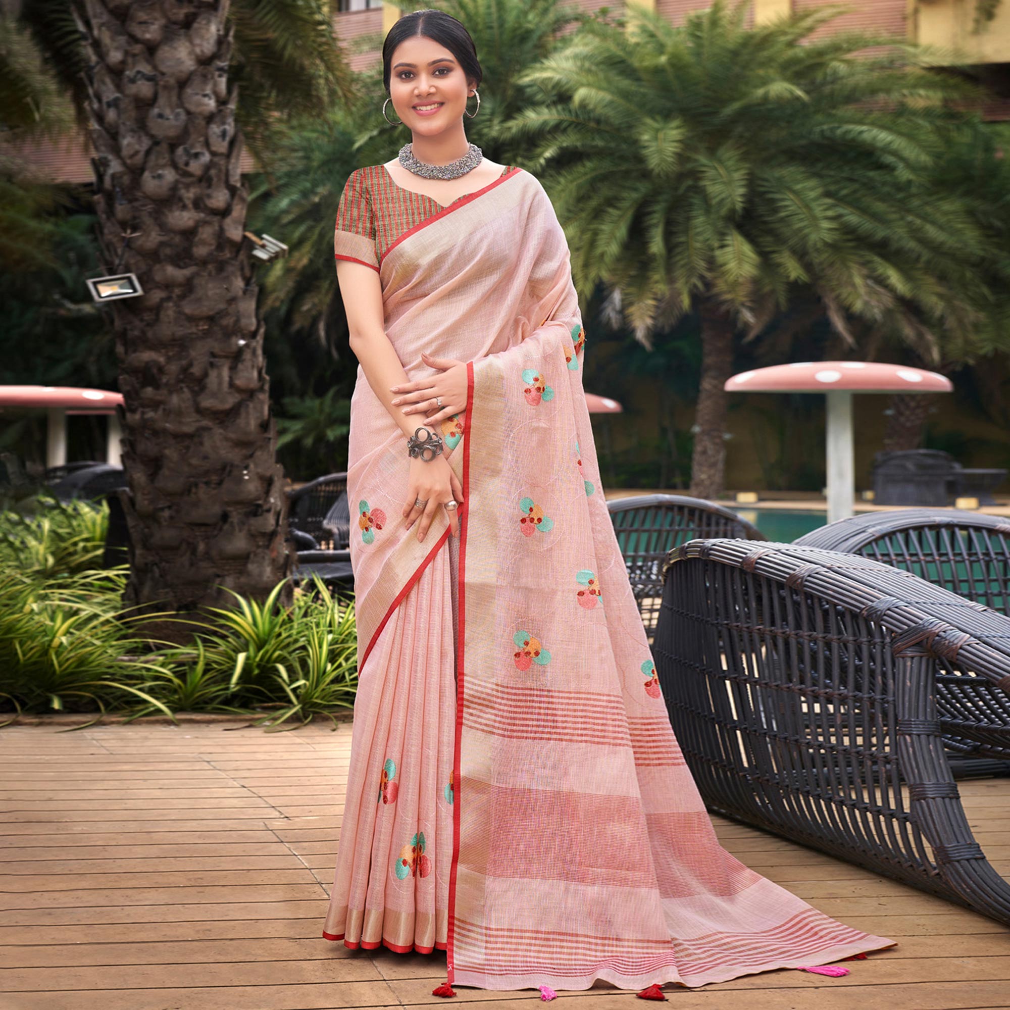 Pink Floral Embroidered Linen Saree With Tassels