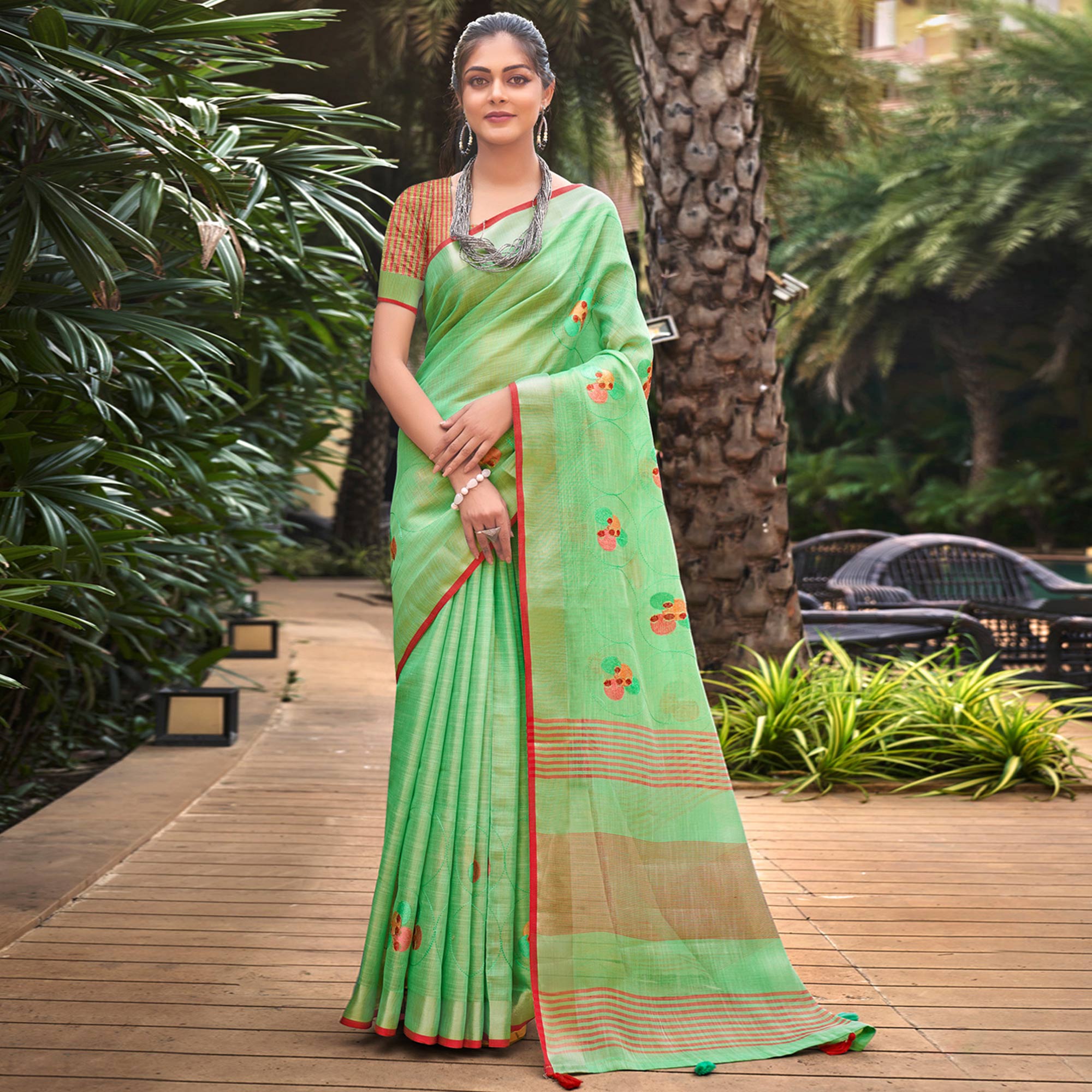 Sea Green Floral Embroidered Linen Saree With Tassels