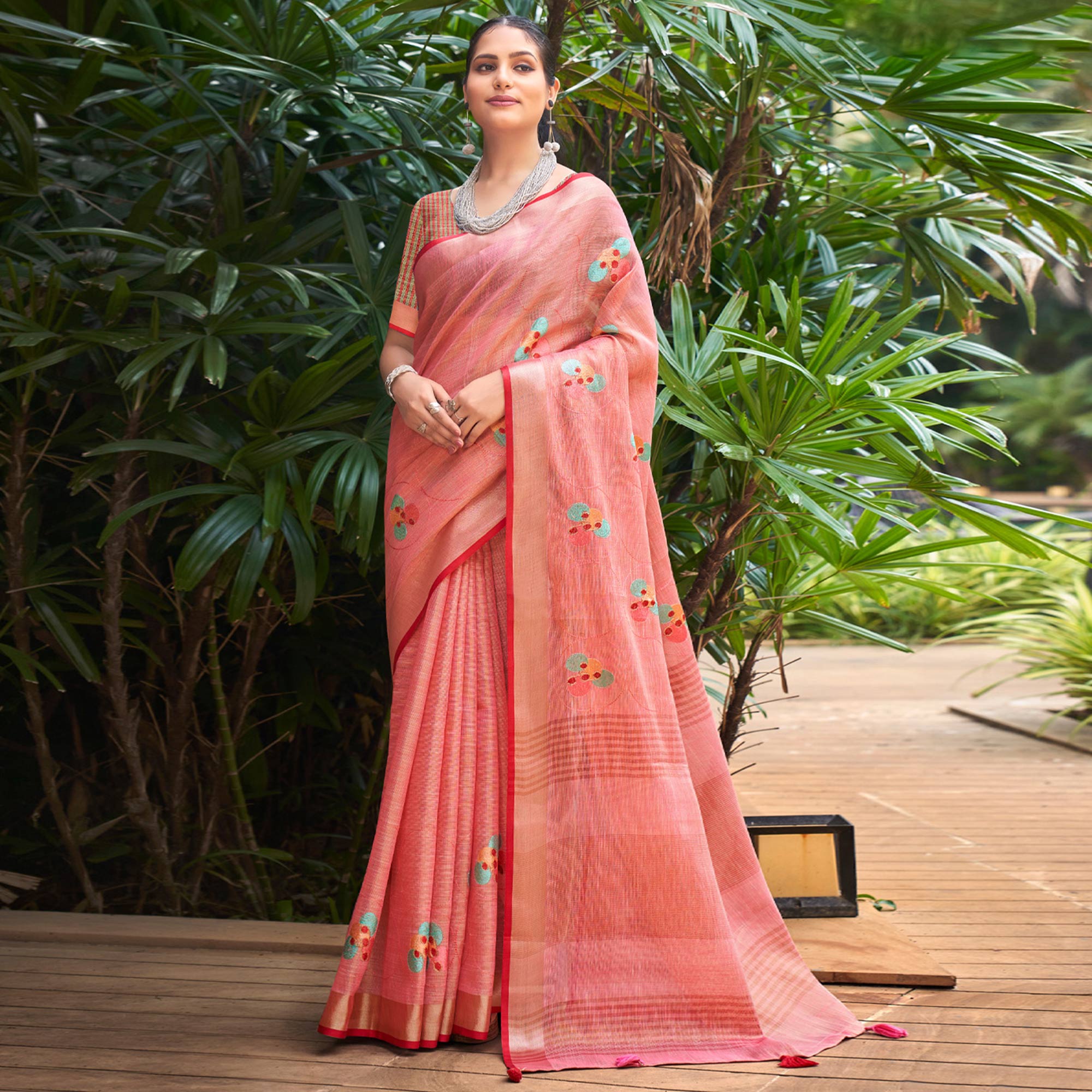 Peach Floral Embroidered Linen Saree With Tassels