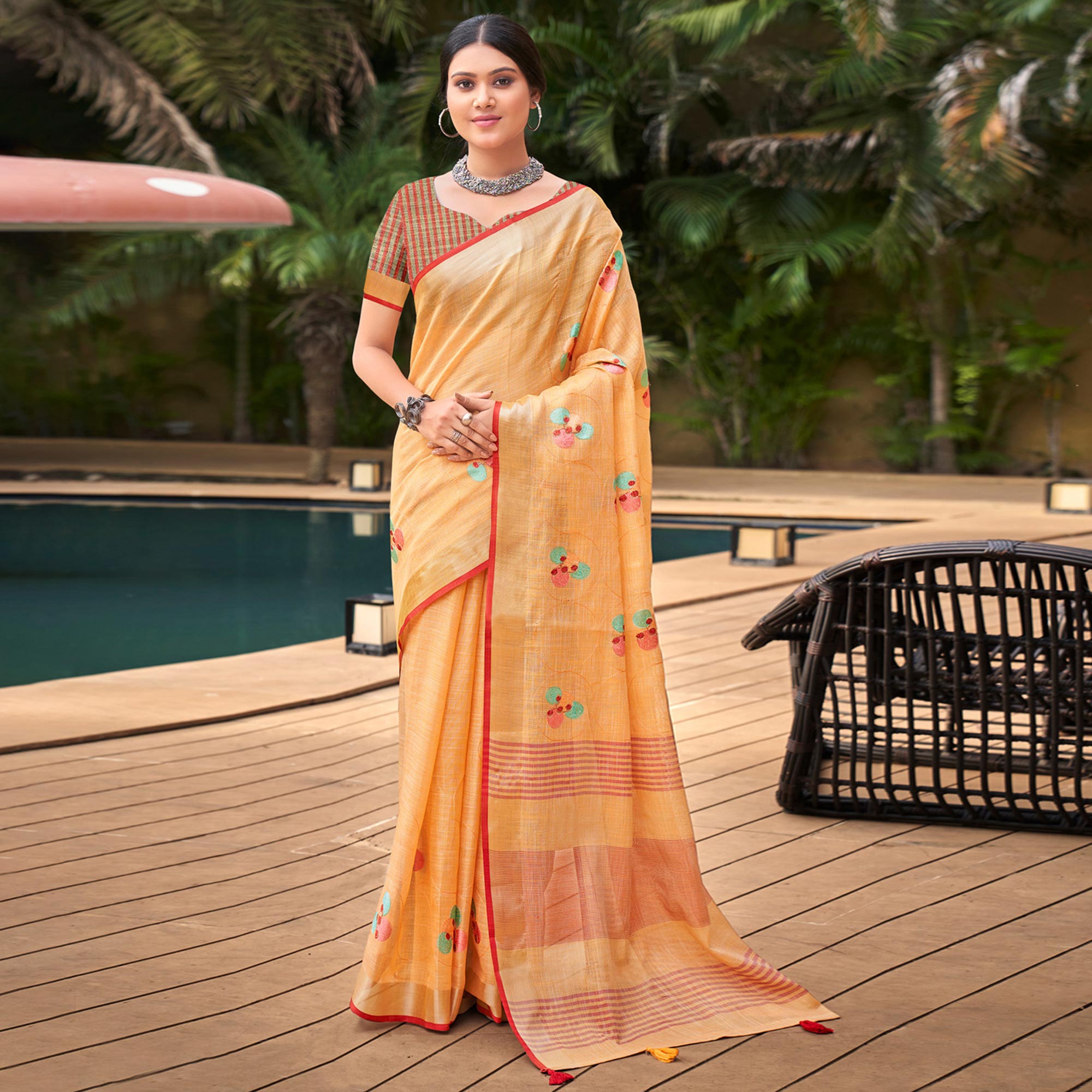 Orange Floral Embroidered Linen Saree With Tassels