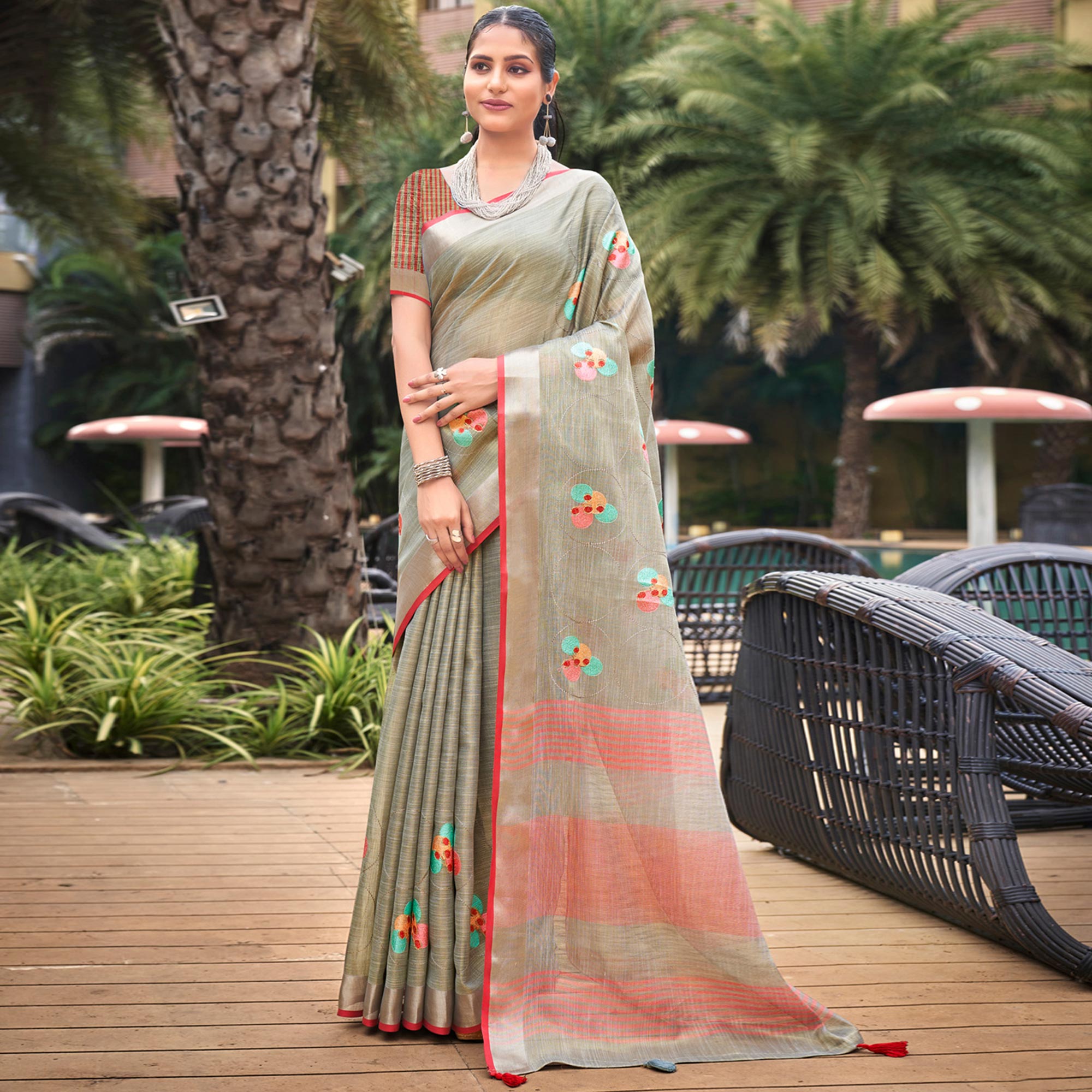 Grey Floral Embroidered Linen Saree With Tassels