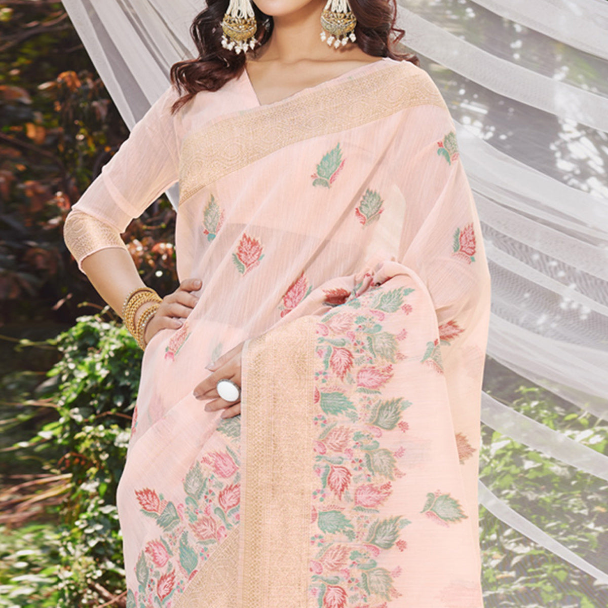 Pink Floral Woven Cotton Silk Saree With Tassels