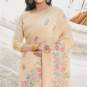 Beige Floral Woven Cotton Silk Saree With Tassels