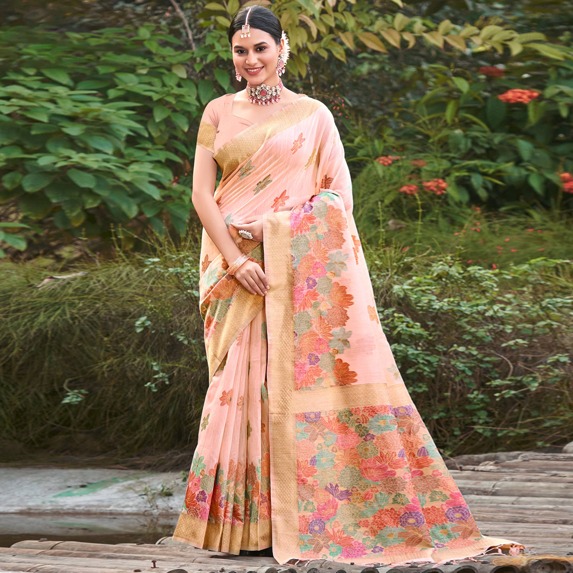 Peach Woven Cotton Blend Saree With Tassels