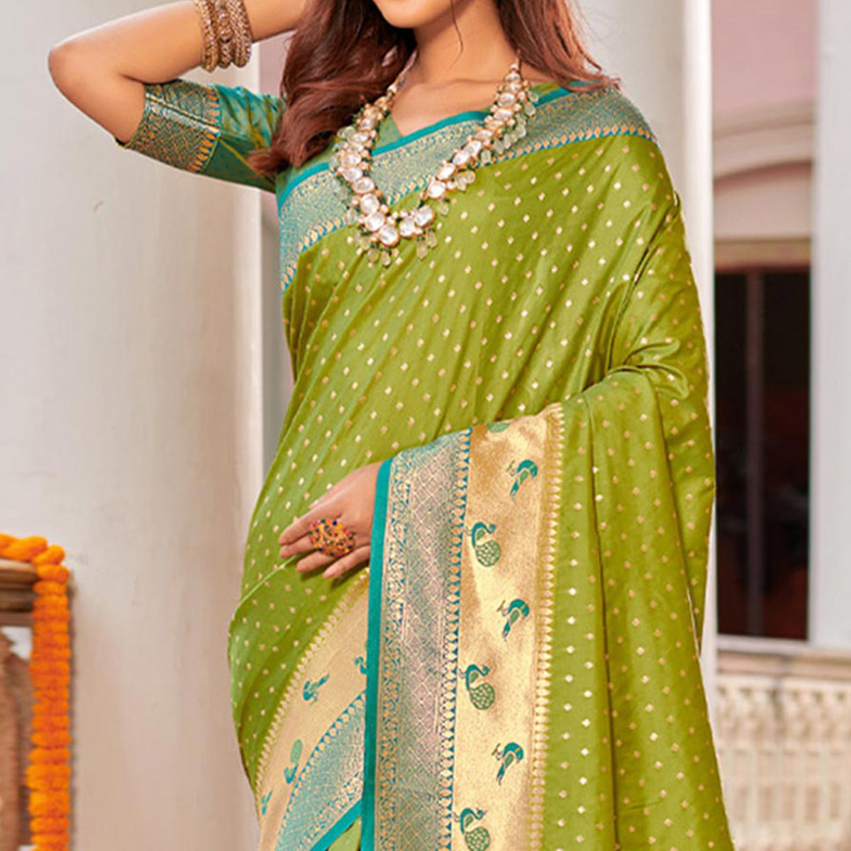 Light Green Woven Banarasi Silk Saree With Tassels