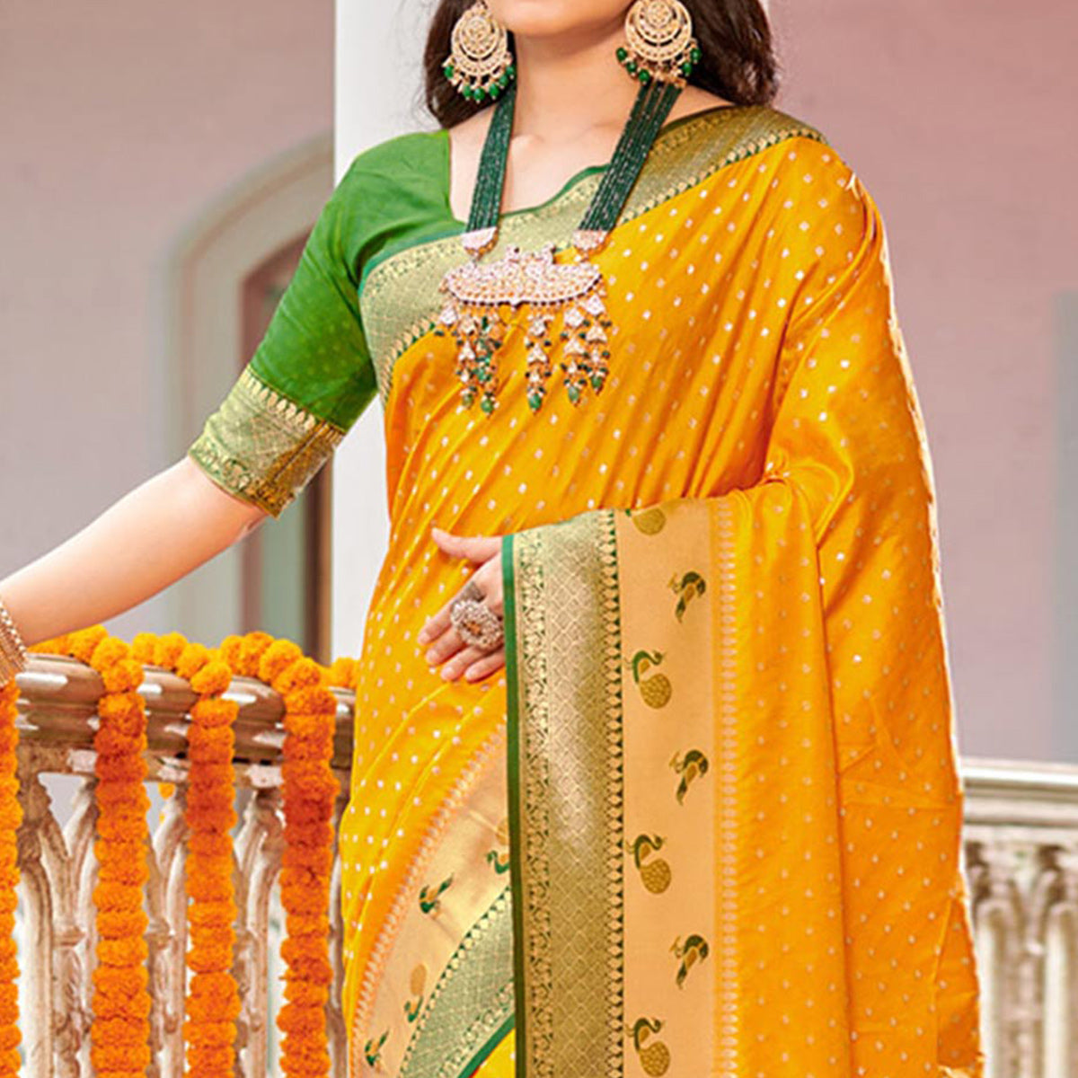 Yellow Woven Banarasi Silk Saree With Tassels