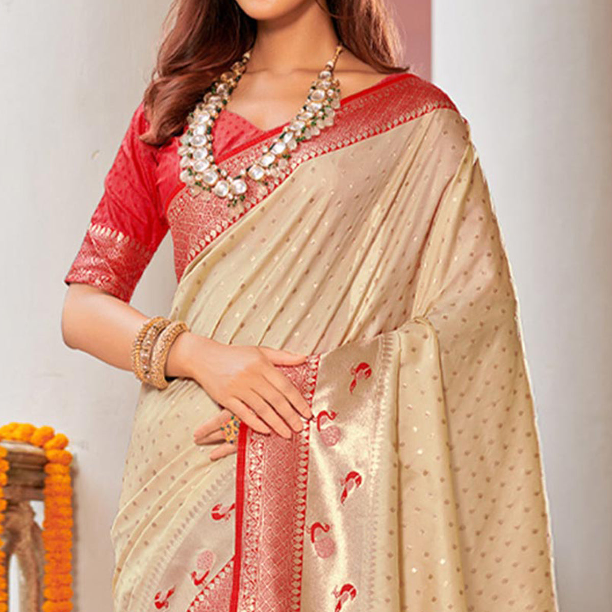 Cream Woven Banarasi Silk Saree With Tassels